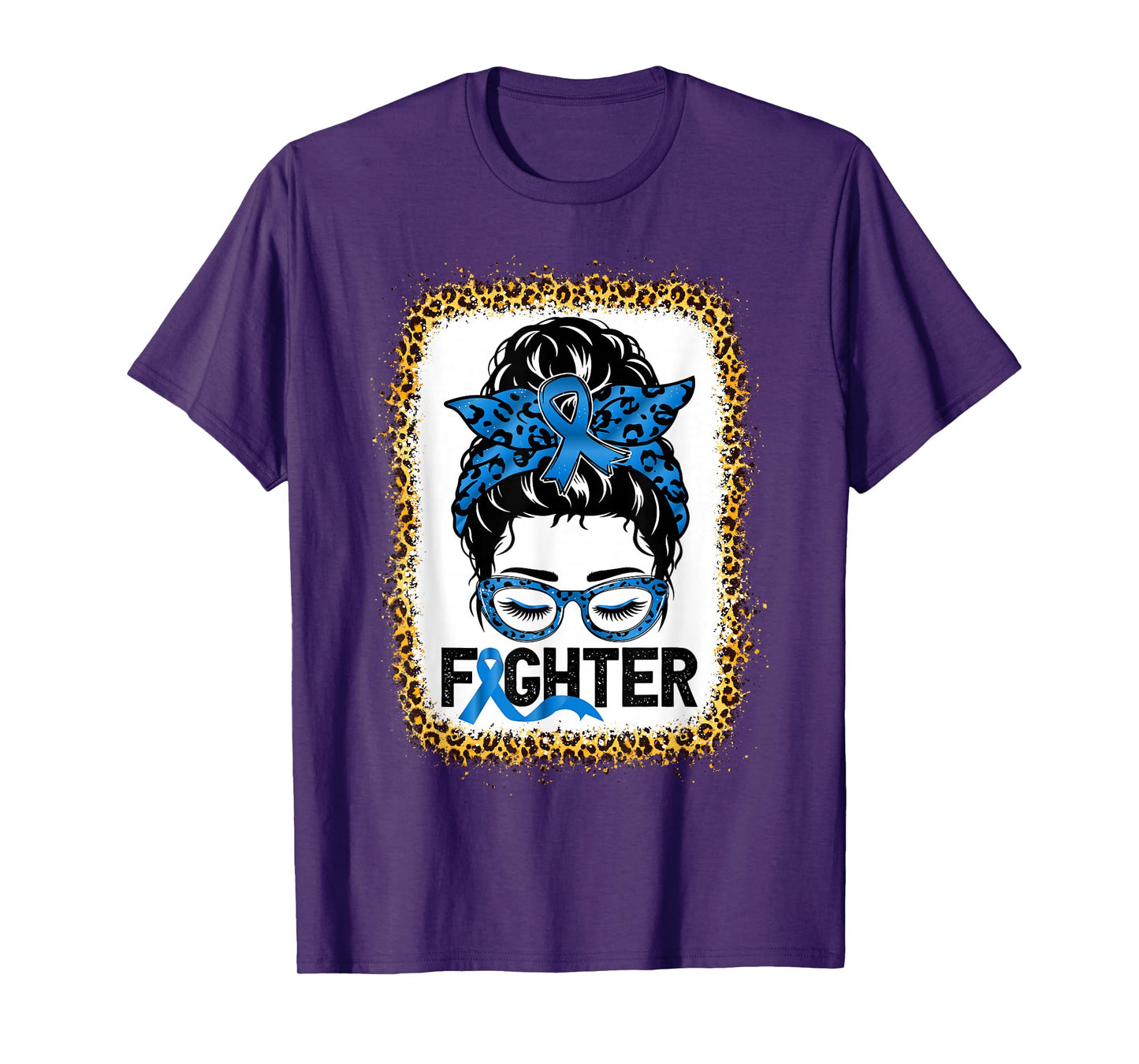 Fighter Messy bun Colon Cancer Awareness Leopard Bleached T-Shirt