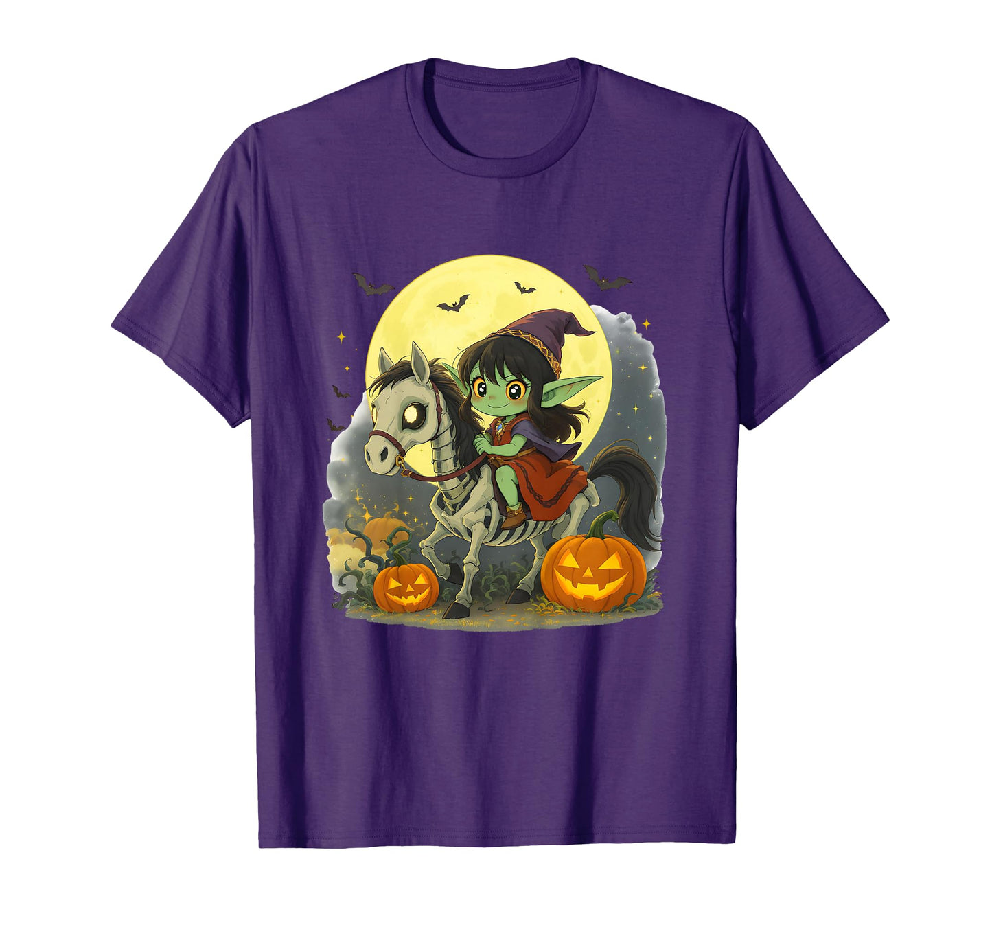 Halloween Girl Dark Elf Goblin Troll Riding Horse Skeleton T-Shirt