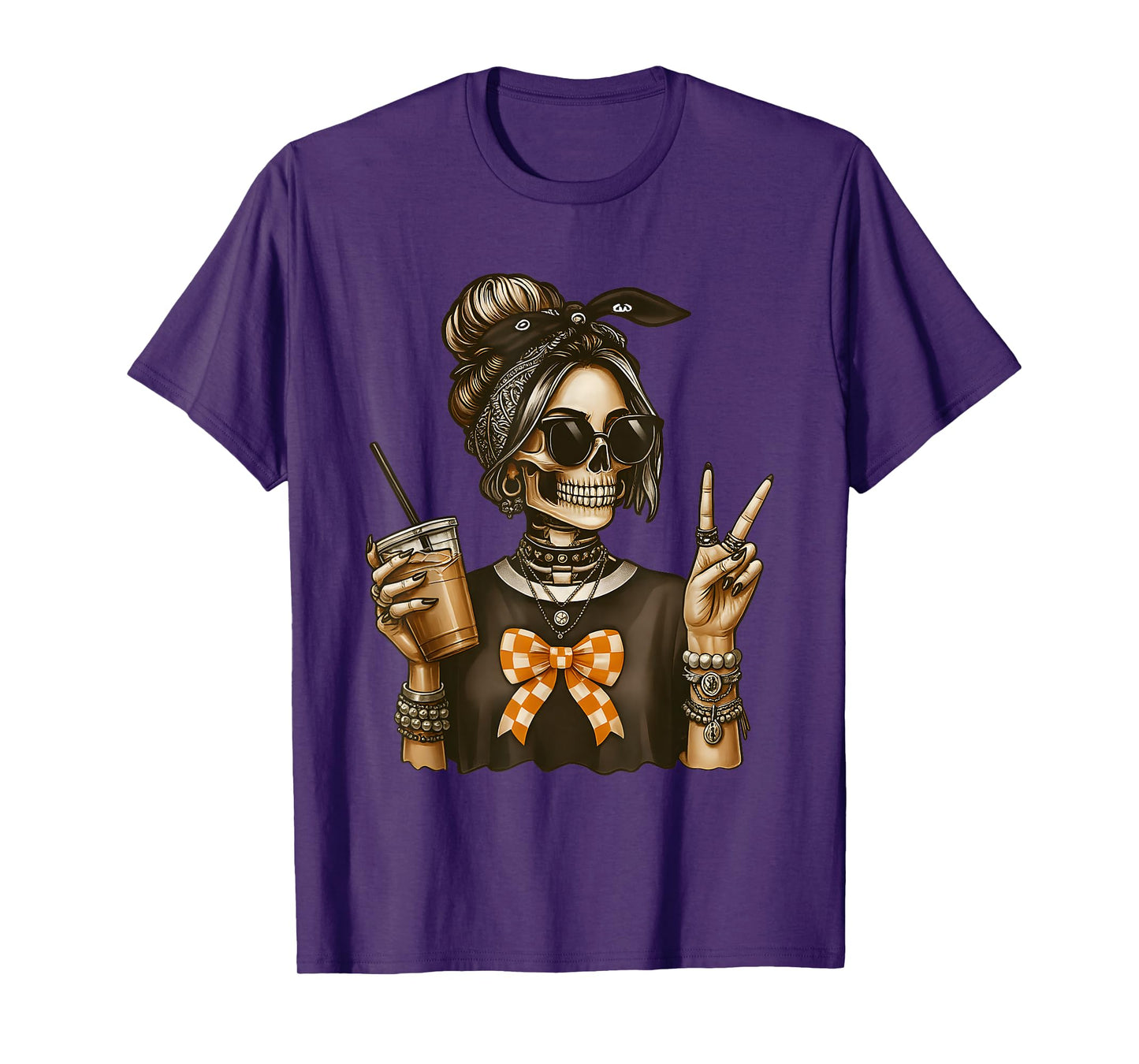 Skeleton Girl Rock Style with Drink and Peace Sign Halloween T-Shirt