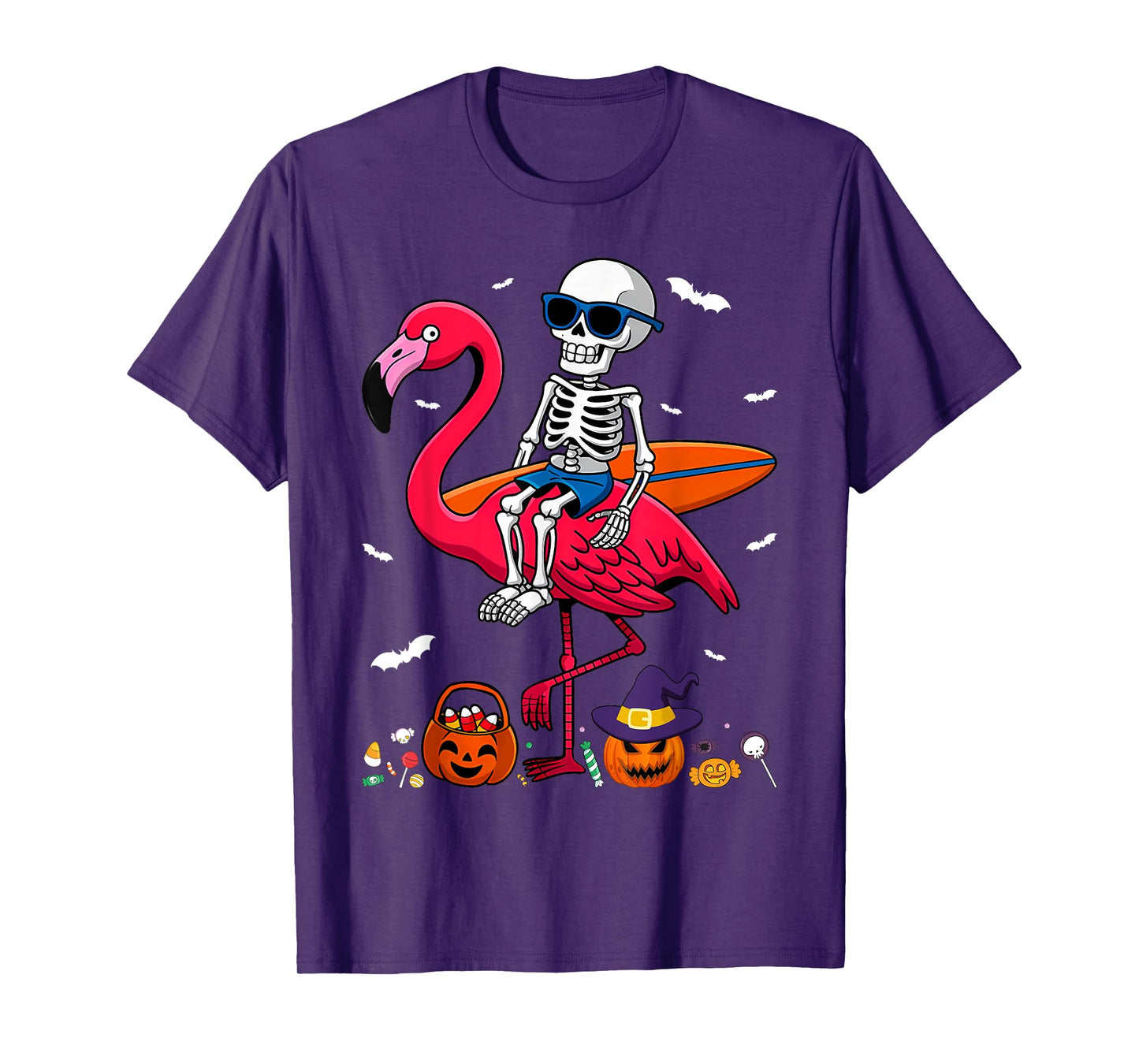 Surfing Skeleton Riding Flamingo Halloween Surfer T-Shirt