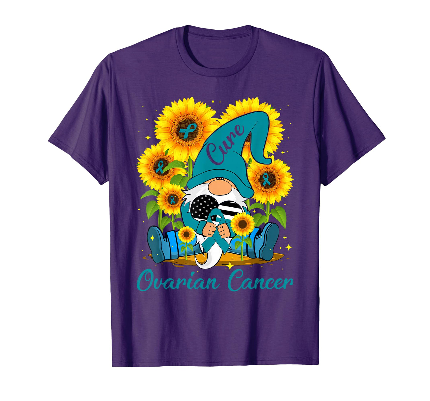 Cure Ovarian Cancer Awareness Day Fighter Gnome Teal Ribbon T-Shirt