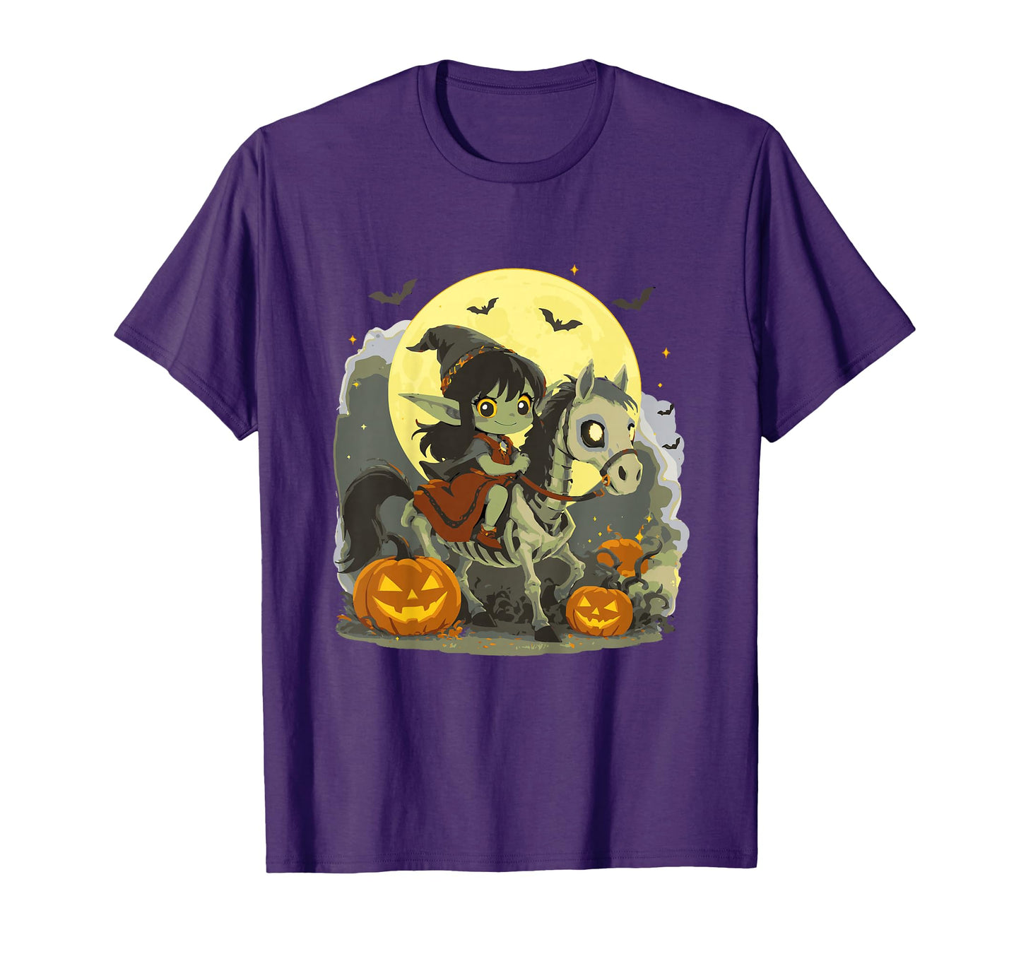 Halloween Girl Dark Elf Goblin Troll Riding Horse Skeleton T-Shirt