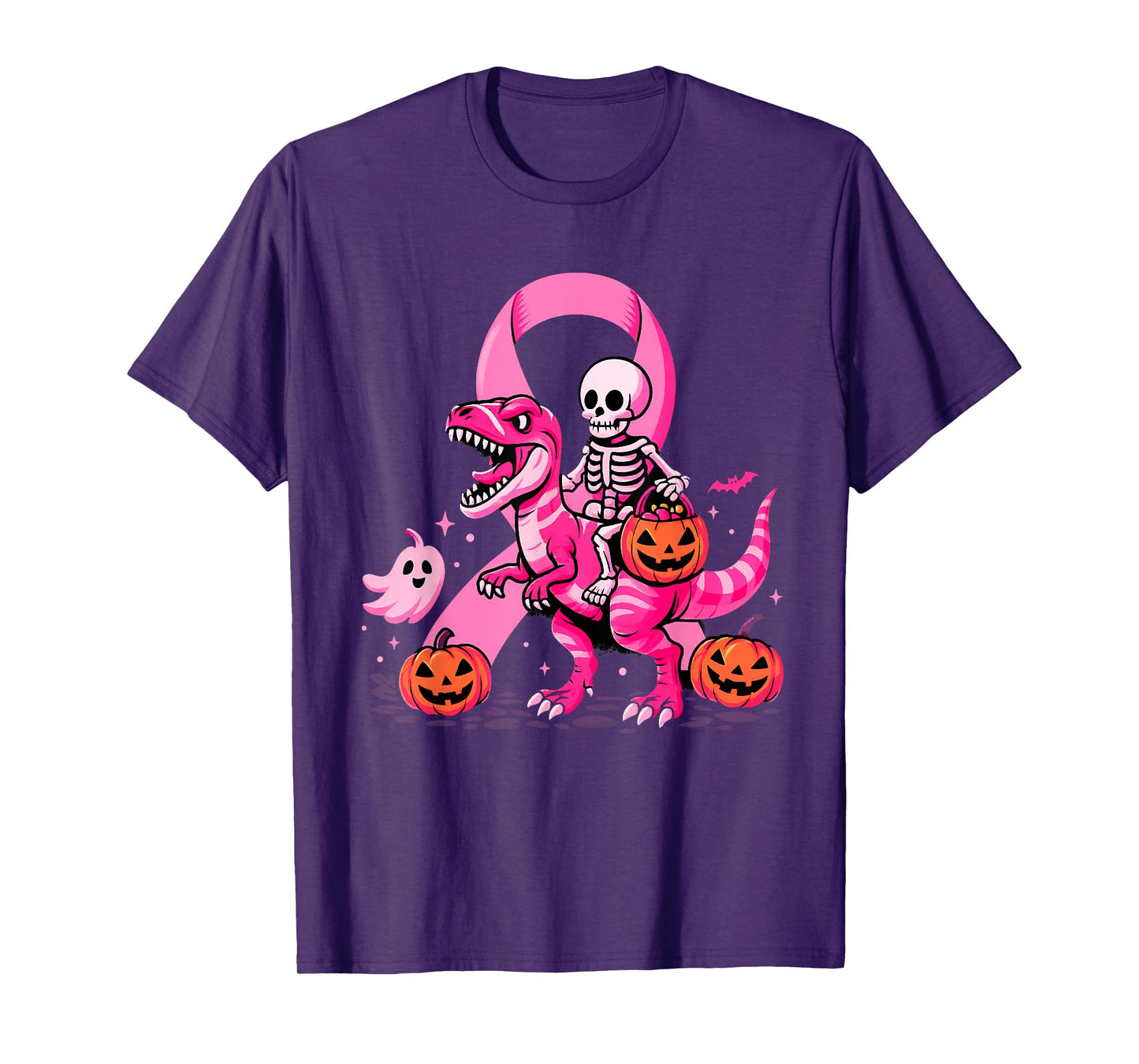 Skeleton Riding Dinosaur T Rex Boo Pumpkin Breast Cancer T-Shirt