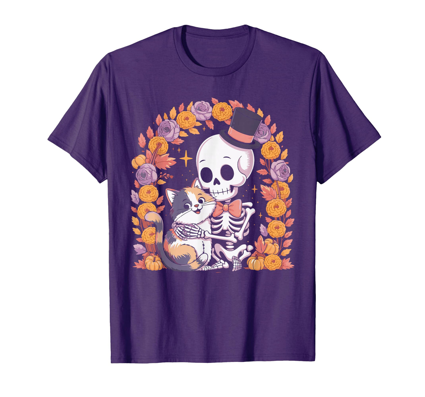 Cat Skeleton with Flowers Gothic Halloween Outfit for Women T-Shirt