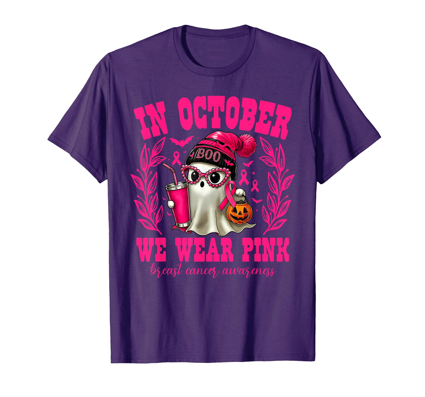 in October We Wear Pink Ghost Beanie Halloween Breast Cancer T-Shirt