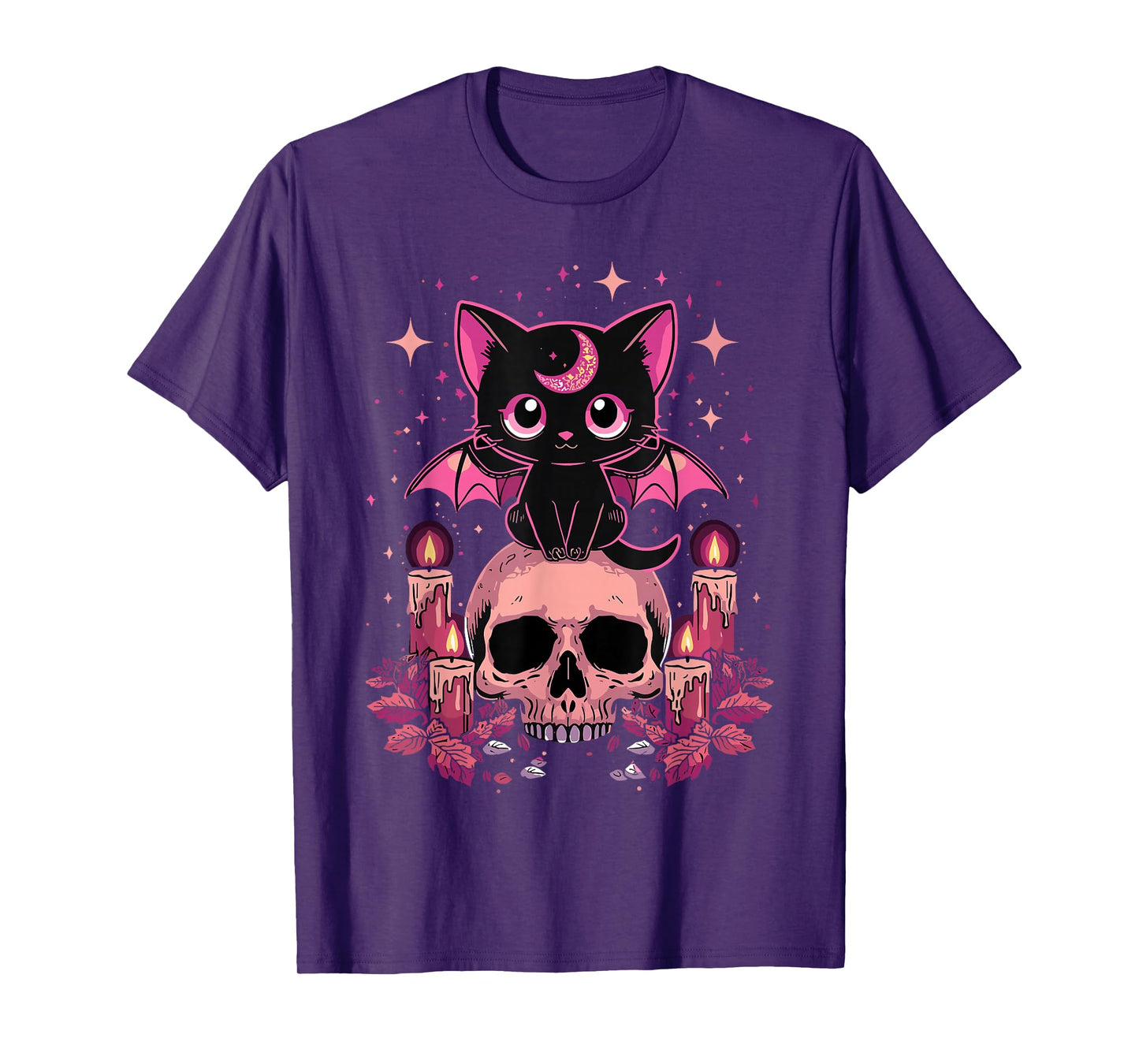 Cute Pink Bat Cat Sitting On Skull Skeleton Candles Design T-Shirt