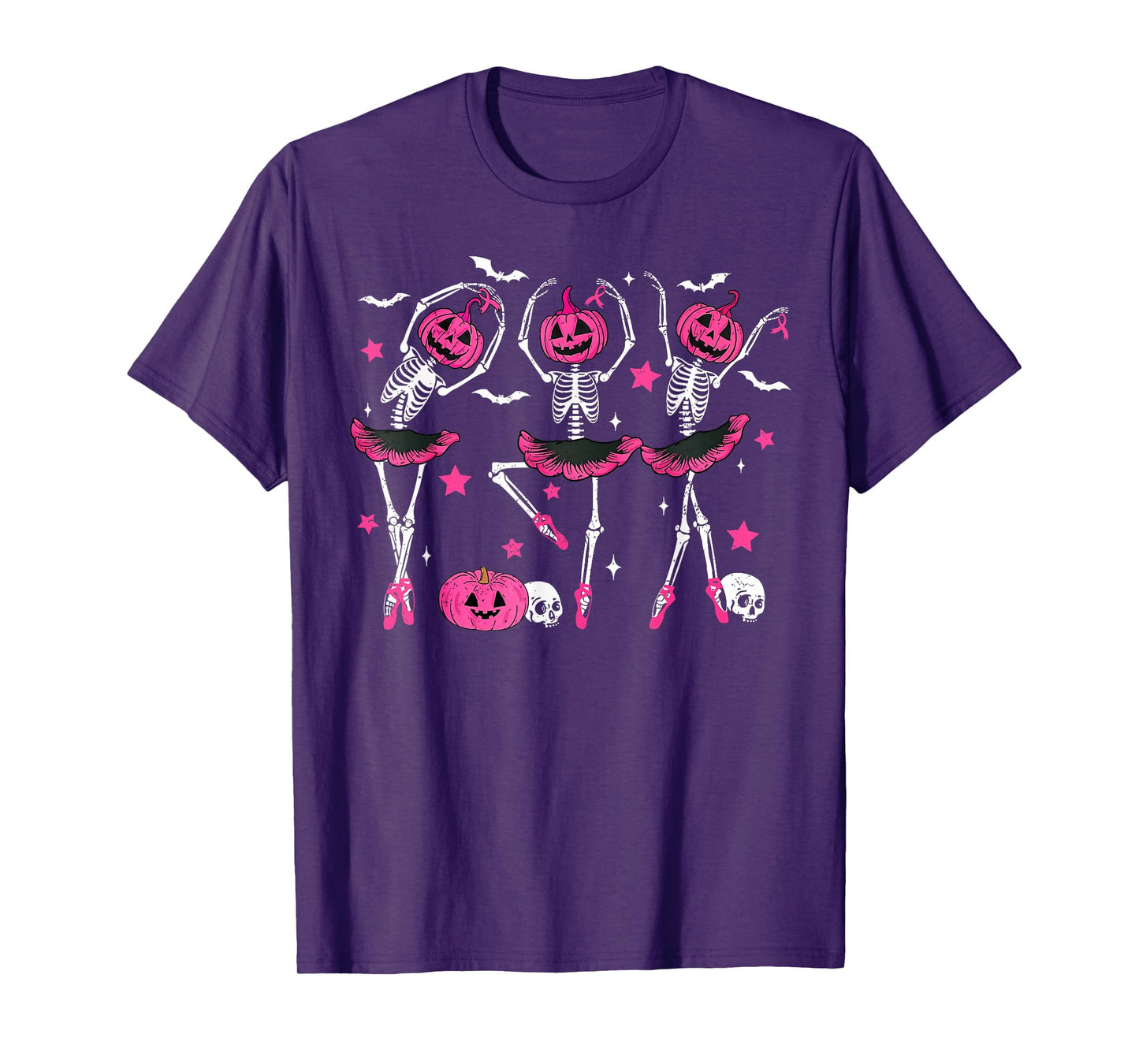 Pink Ribbon Pumpkin Skeleton Dancing Breast Cancer Awareness T-Shirt