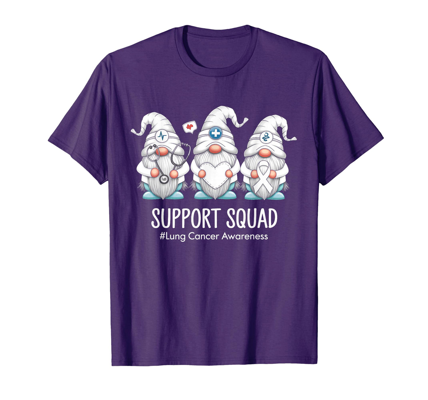 Lung Cancer Awareness Gnomies Support Squad White Ribbon T-Shirt