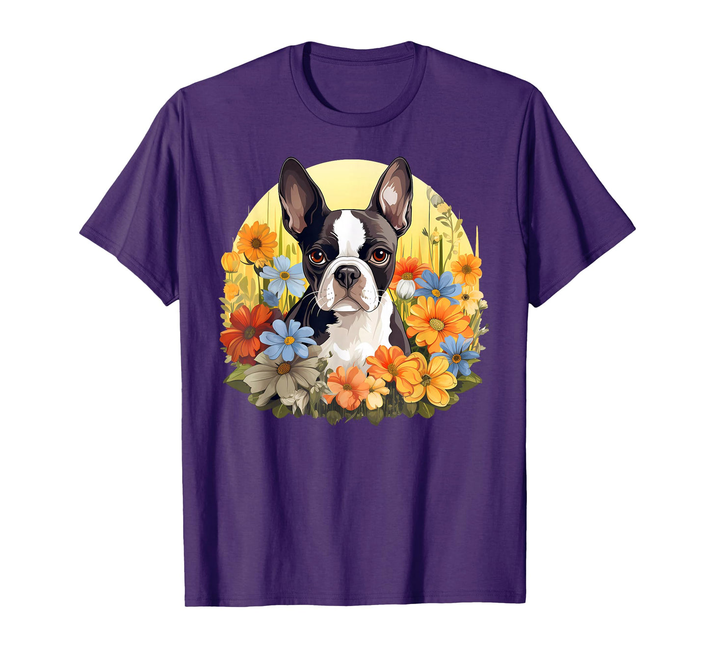 Cute Boston Terrier Spring Flower Garden Colorful Puppy Dog T-Shirt