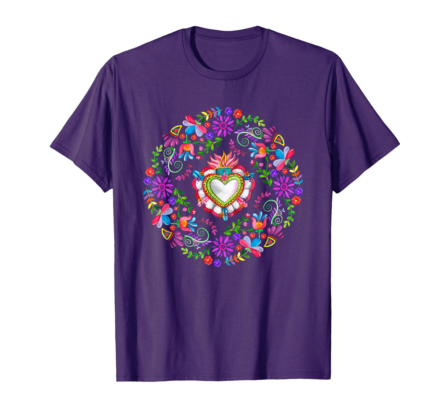 Colourful Floral Embroidery Heart Pattern Mexican Otomi T-Shirt