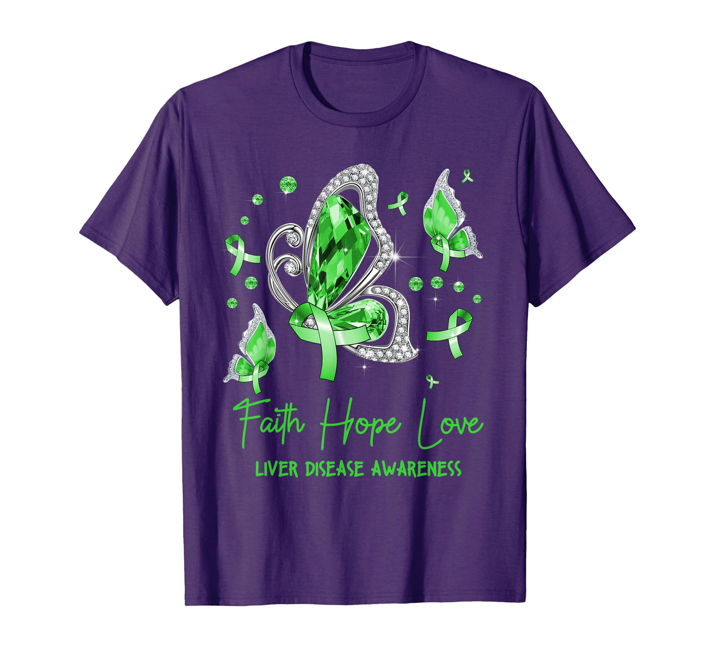 Faith Hope Love Butterfly Green Liver Disease Awareness T-Shirt