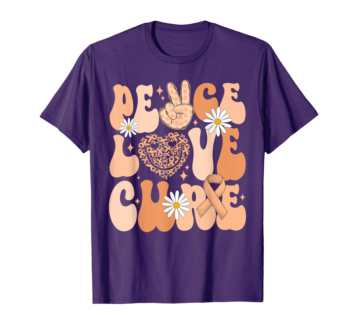 Retro Groovy Peace Love Cure Uterine Cancer Awareness Month T-Shirt