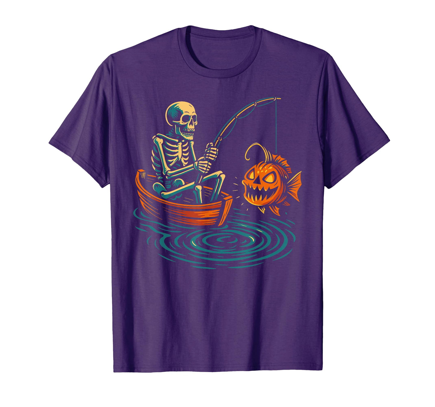 Skeleton Fishing Halloween Pumpkin Spooky Halloween T-Shirt