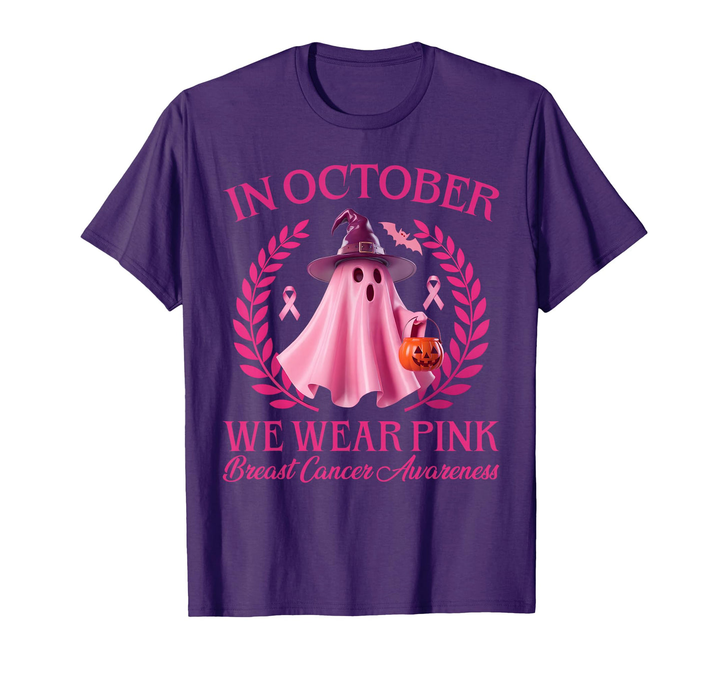 Spooky Pink Ghost Halloween October Breast Cancer Awareness T-Shirt