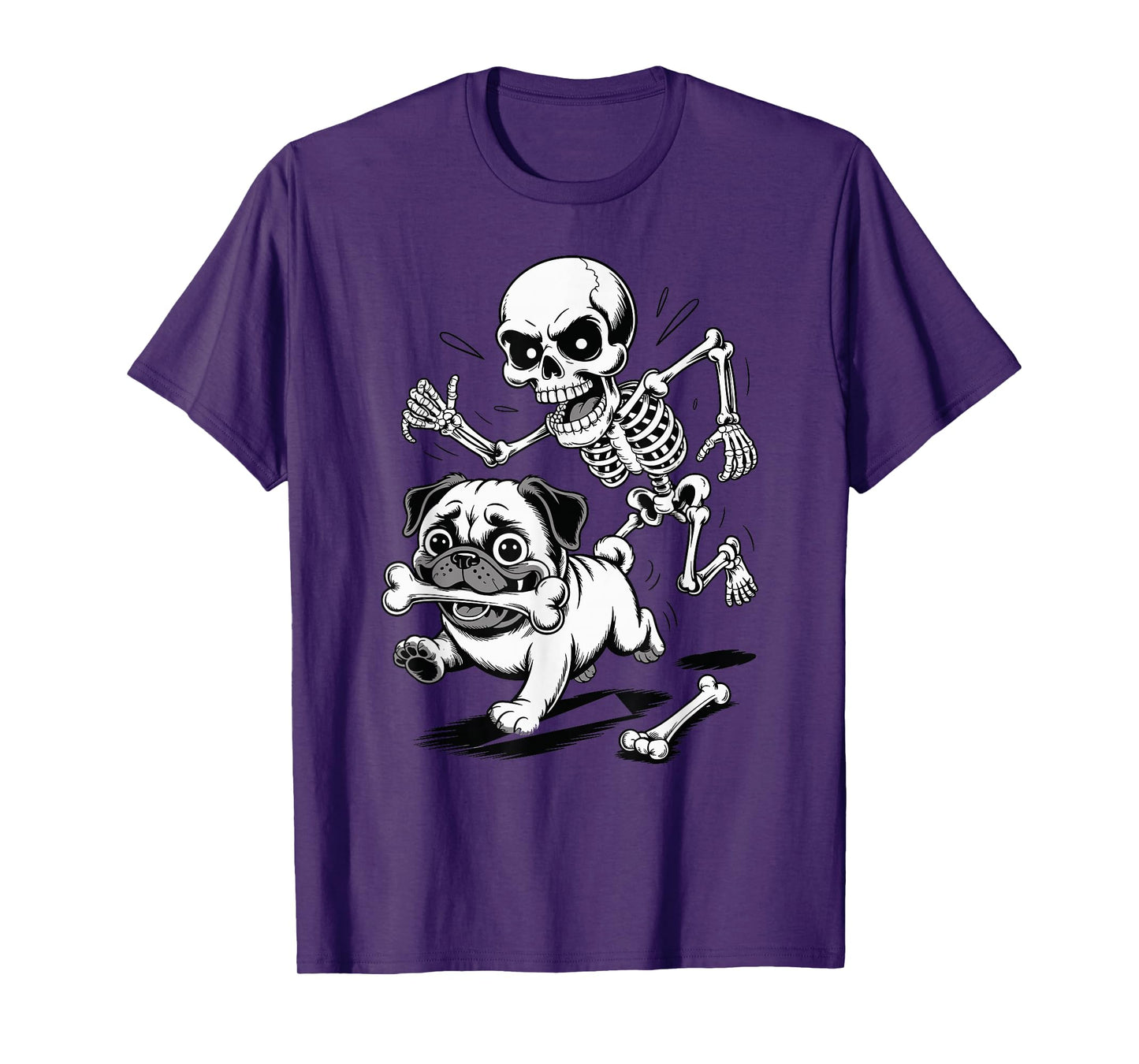 Funny Pug Halloween Dog Steals Bone from Skeleton T-Shirt