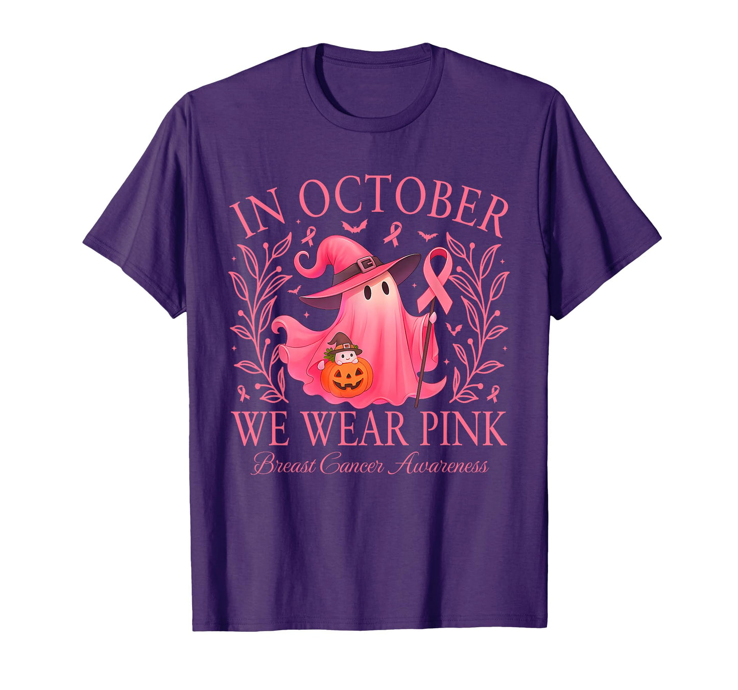 in October We Wear Pink Witch Breast Cancer Women Halloween T-Shirt