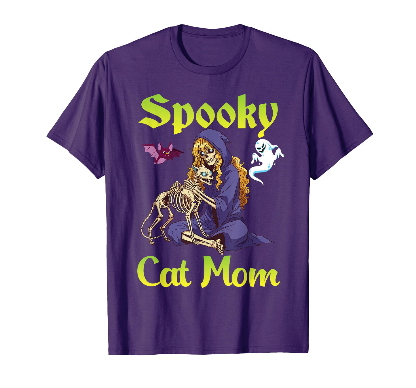 Spooky Cat Mom Halloween Skeleton Witch with Ghosts and Bat T-Shirt