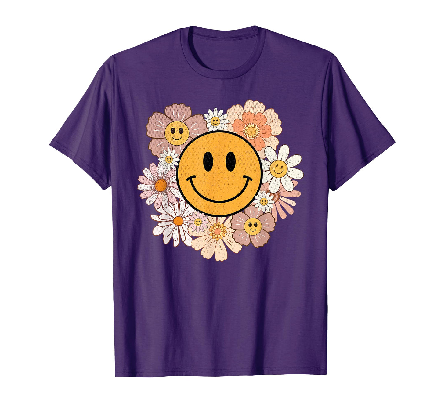 Retro Groovy Smile Happy Face Cute Hippie Flowers 70s T-Shirt