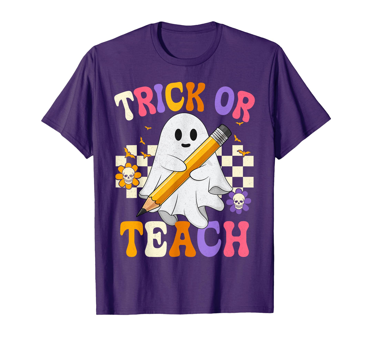 Trick Or Teach Boo Ghost Groovy Teacher Halloween T-Shirt