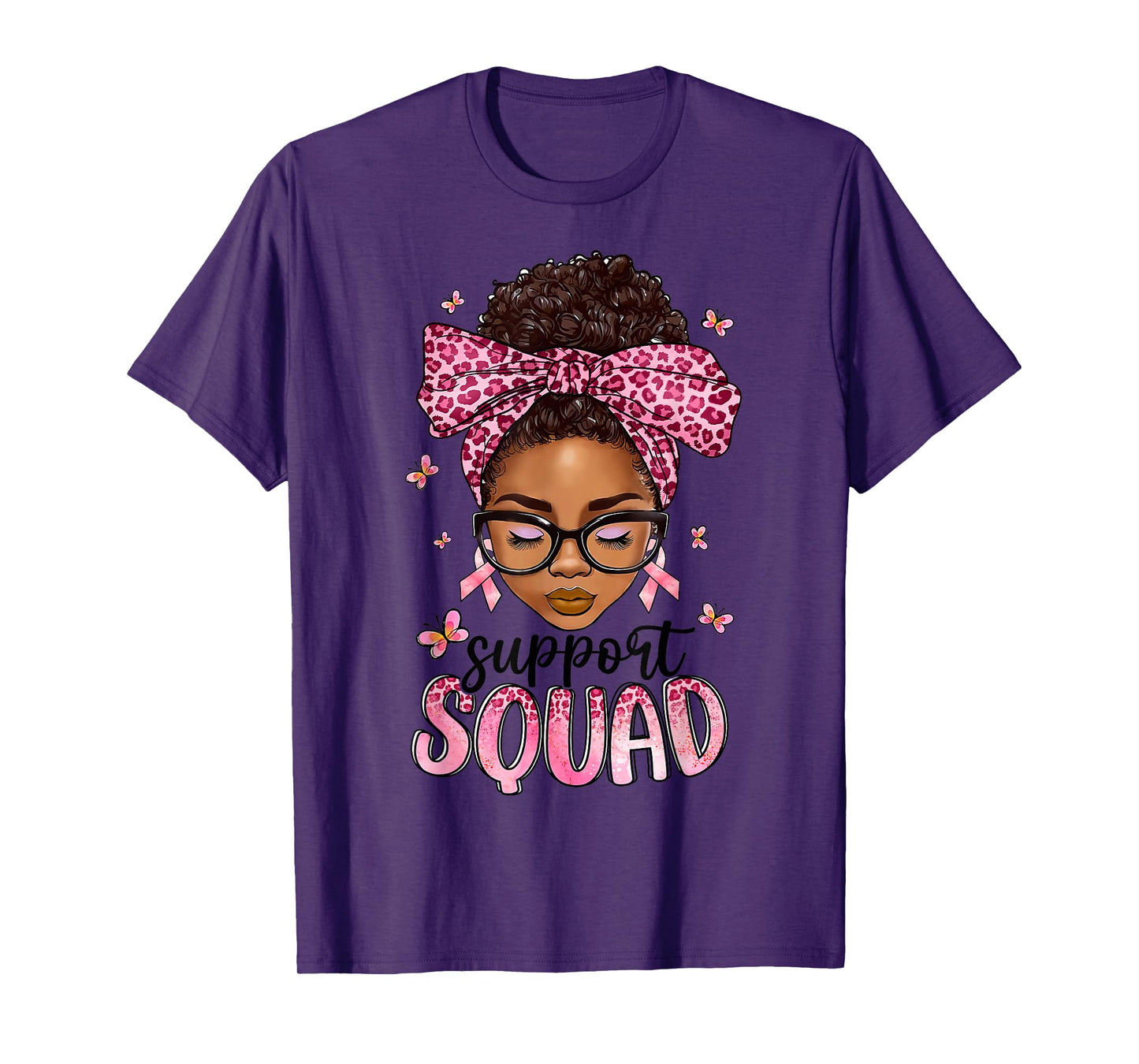 Support Squad Breast Cancer Awareness Messy Bun Black Woman T-Shirt