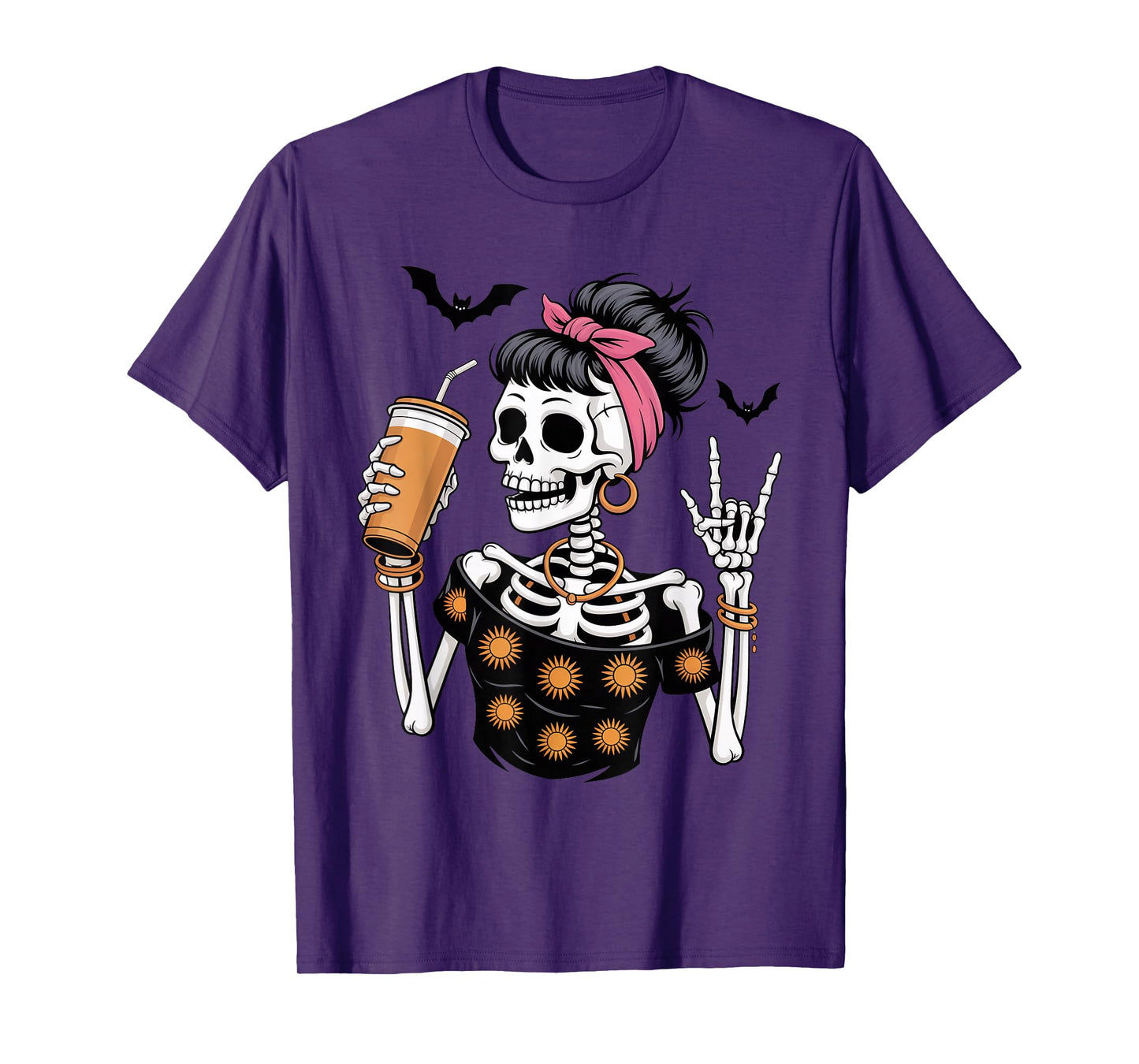 Skeleton Girl Drinking Coffee Peace Sign Graphic for Women T-Shirt