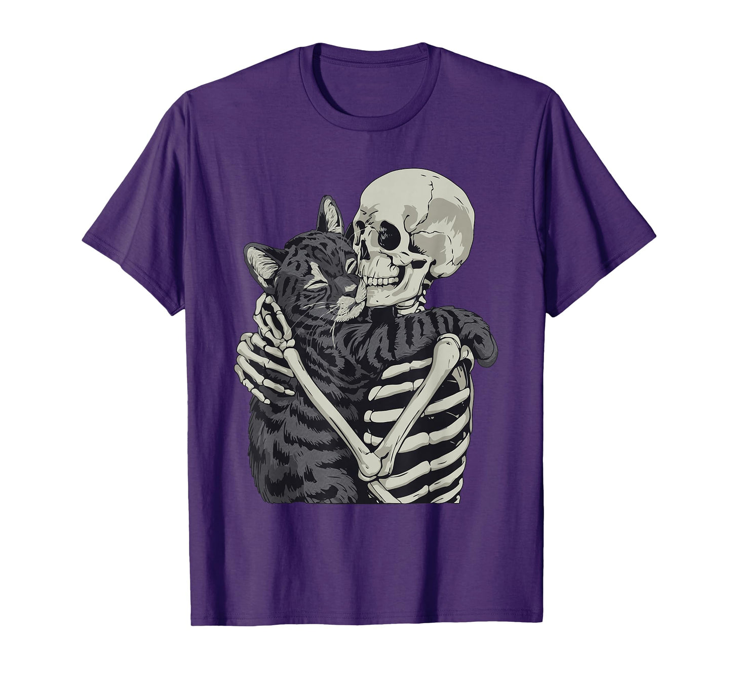 Black Cat Hugging Skeleton Halloween T-Shirt