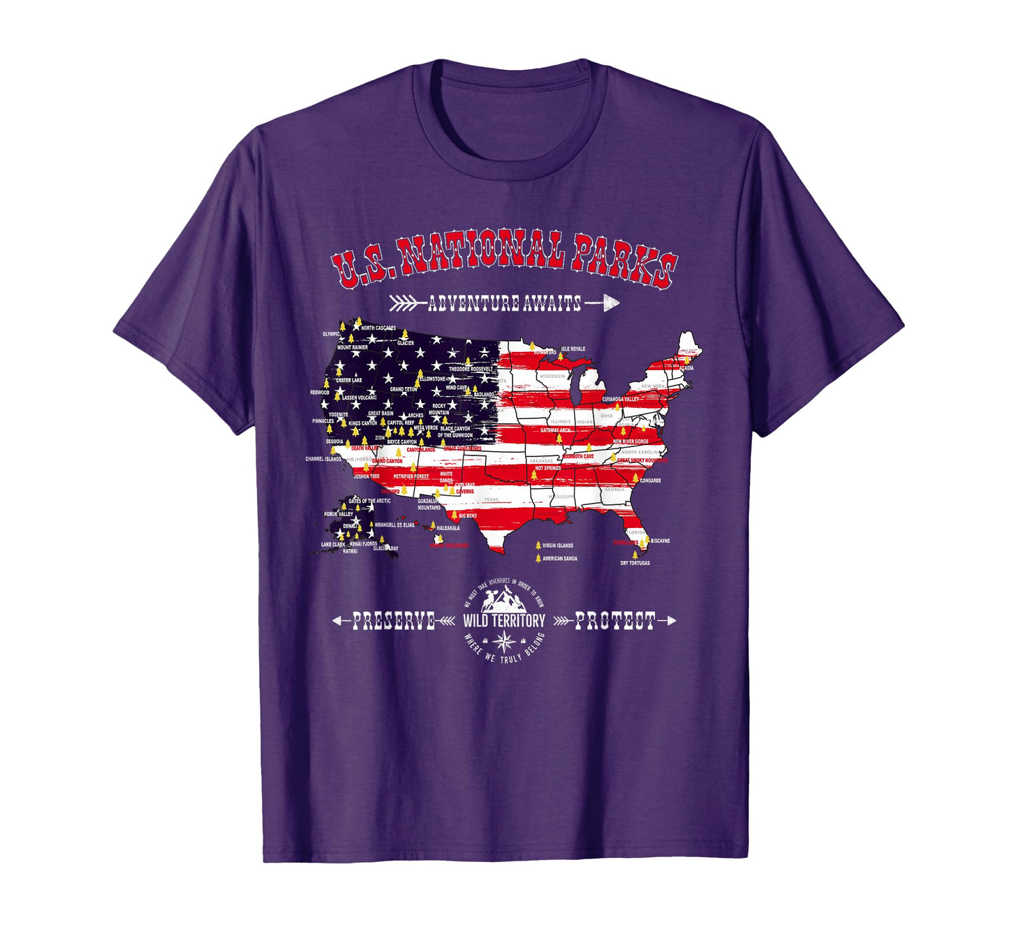 63 National Parks Map - Vintage American Flag Hiking Camping T-Shirt