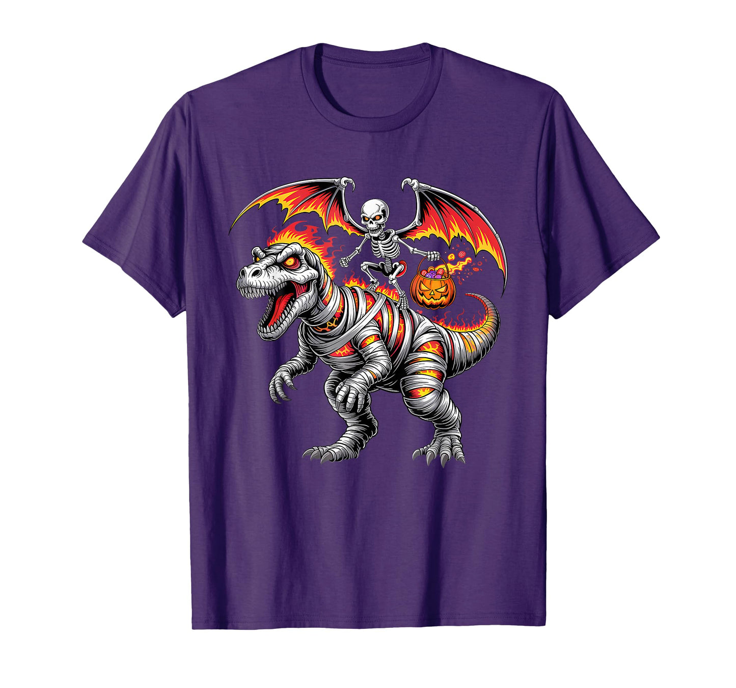 Skeleton Riding Mummy Dinosaur T Rex Kids Boys Men Halloween T-Shirt