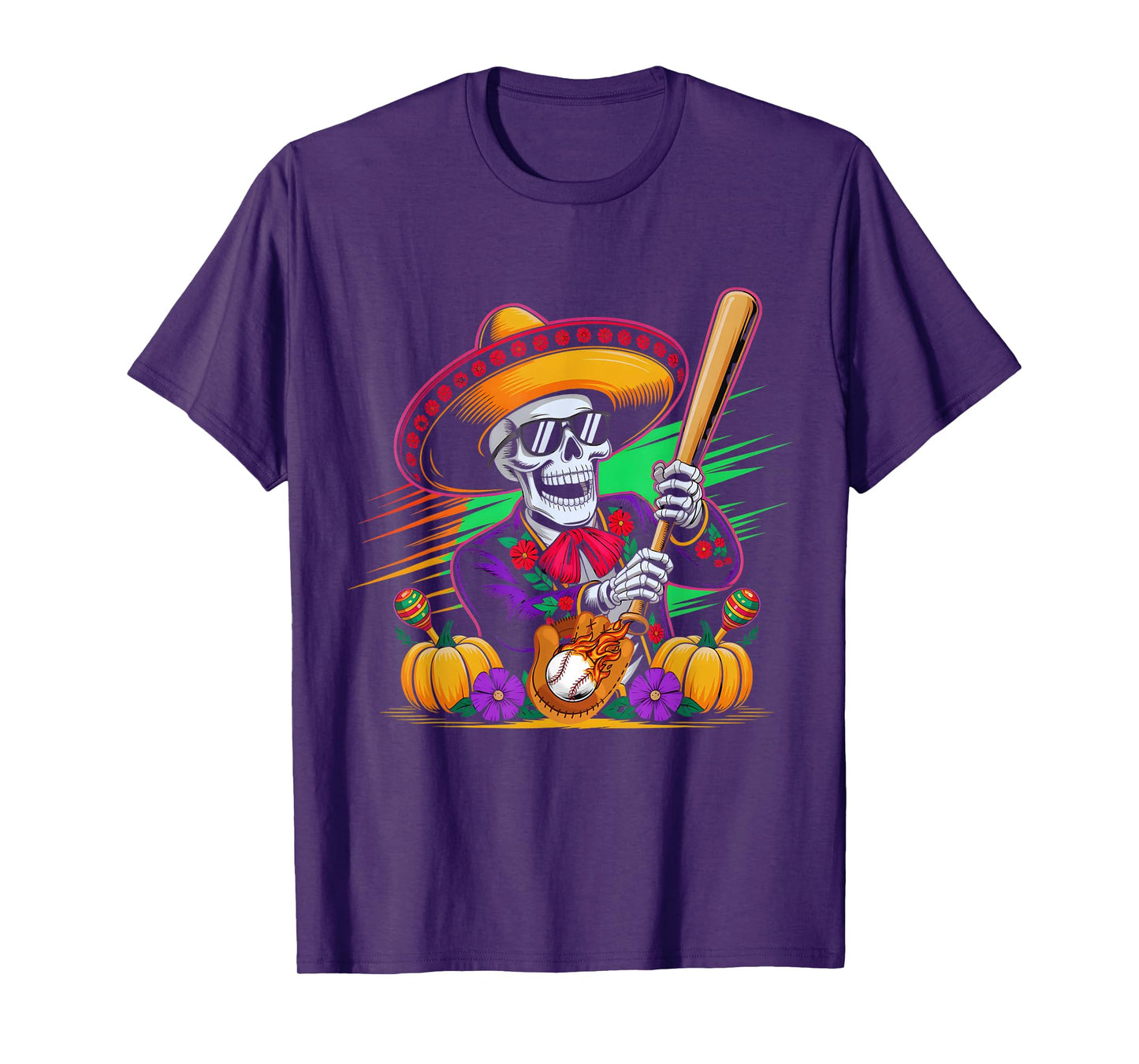 Mariachi Holloween Skeleton Baseball Holloween Fiesta Funny T-Shirt