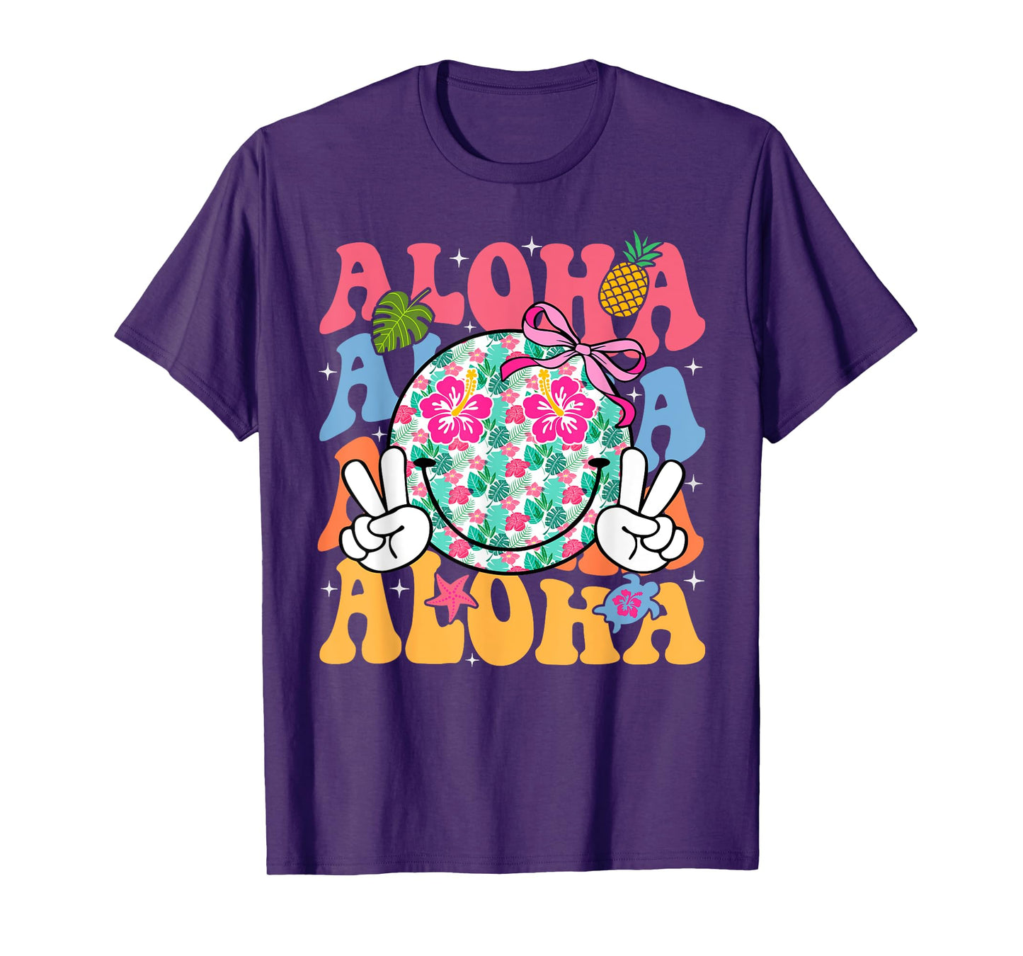 Aloha Hawaiian Cute Smile Face Shaka Hibiscus Kids Girls T-Shirt