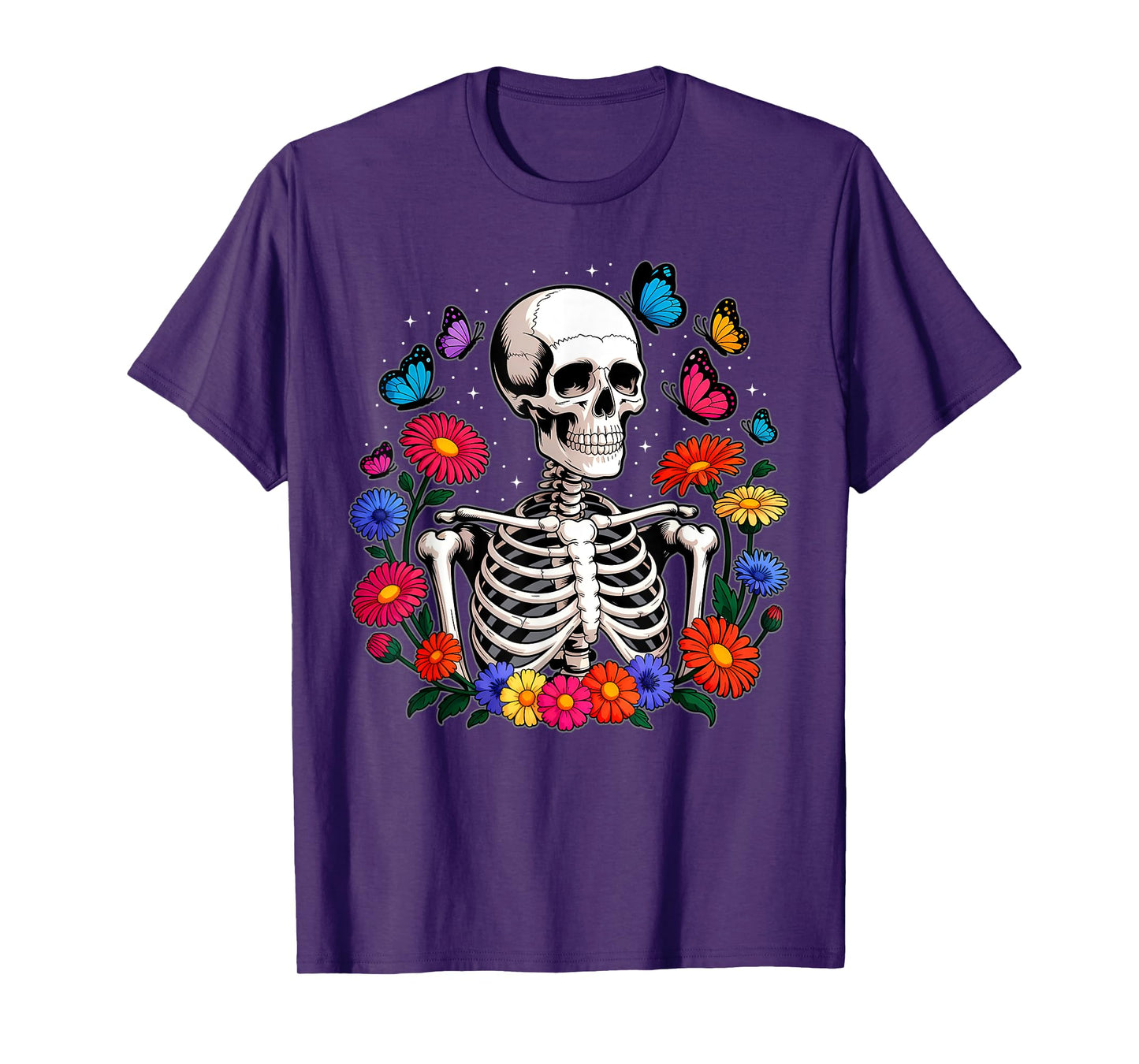 Skeleton Flowers Butterfly Floral Halloween Men Women T-Shirt