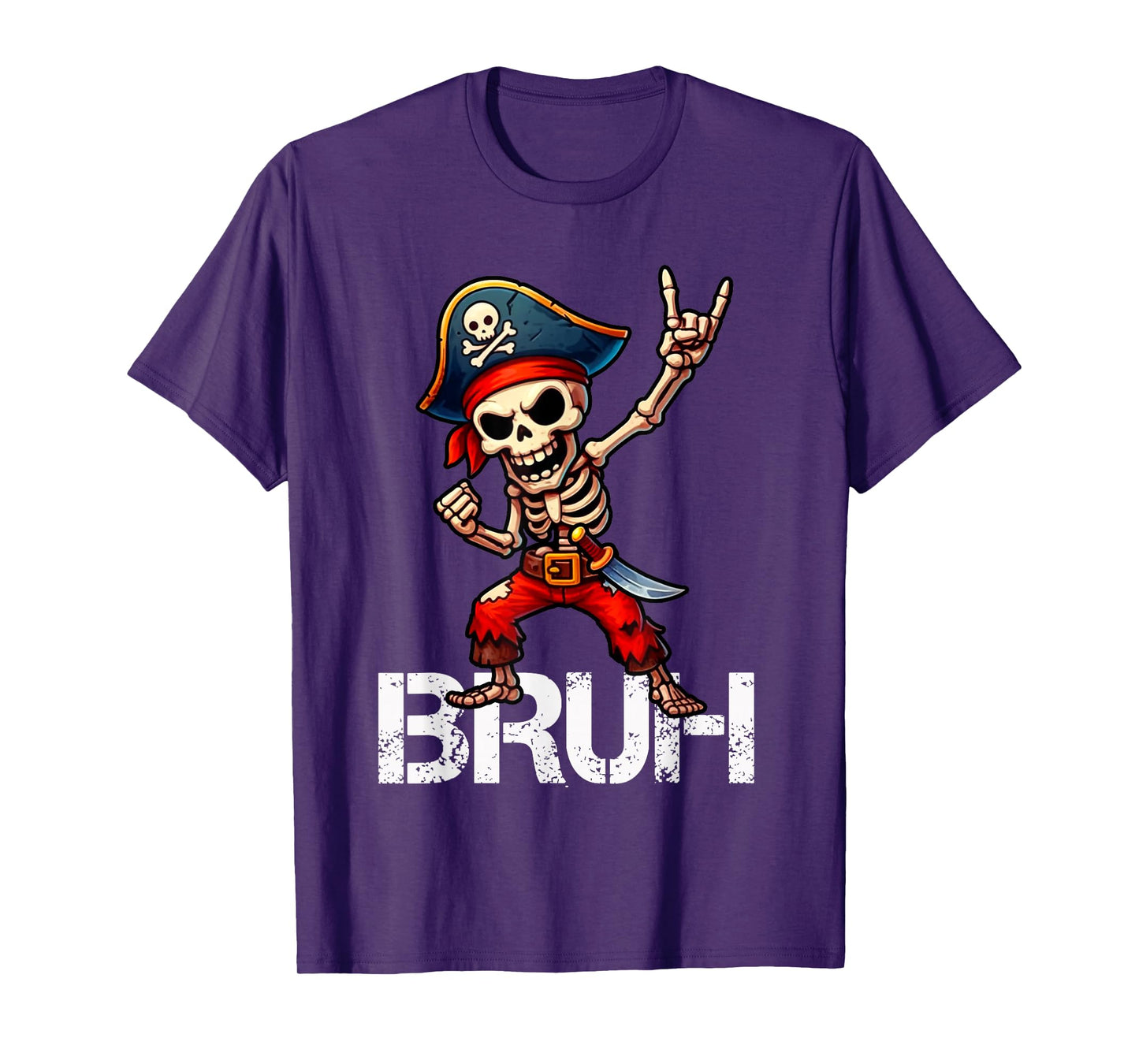 Bruh Pirate Skeleton Rock on Funny Halloween Pirate Men Boys T-Shirt