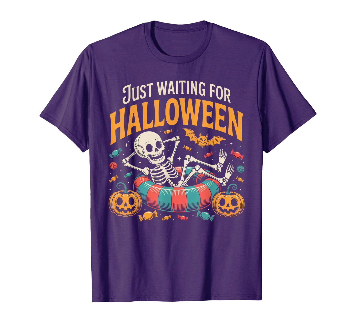 Just Waiting for Halloween Funny Skeleton Spooky Summerween T-Shirt