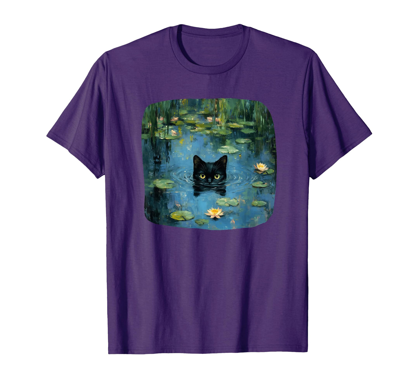 Mystical Black Cat Swimming in Waterlily Pond Art Lover Men Women Kids T-Shirt