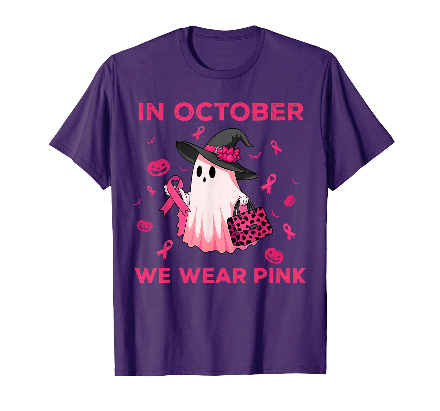 in October We Wear Pink Witch Ghost Breast Cancer Awareness T-Shirt