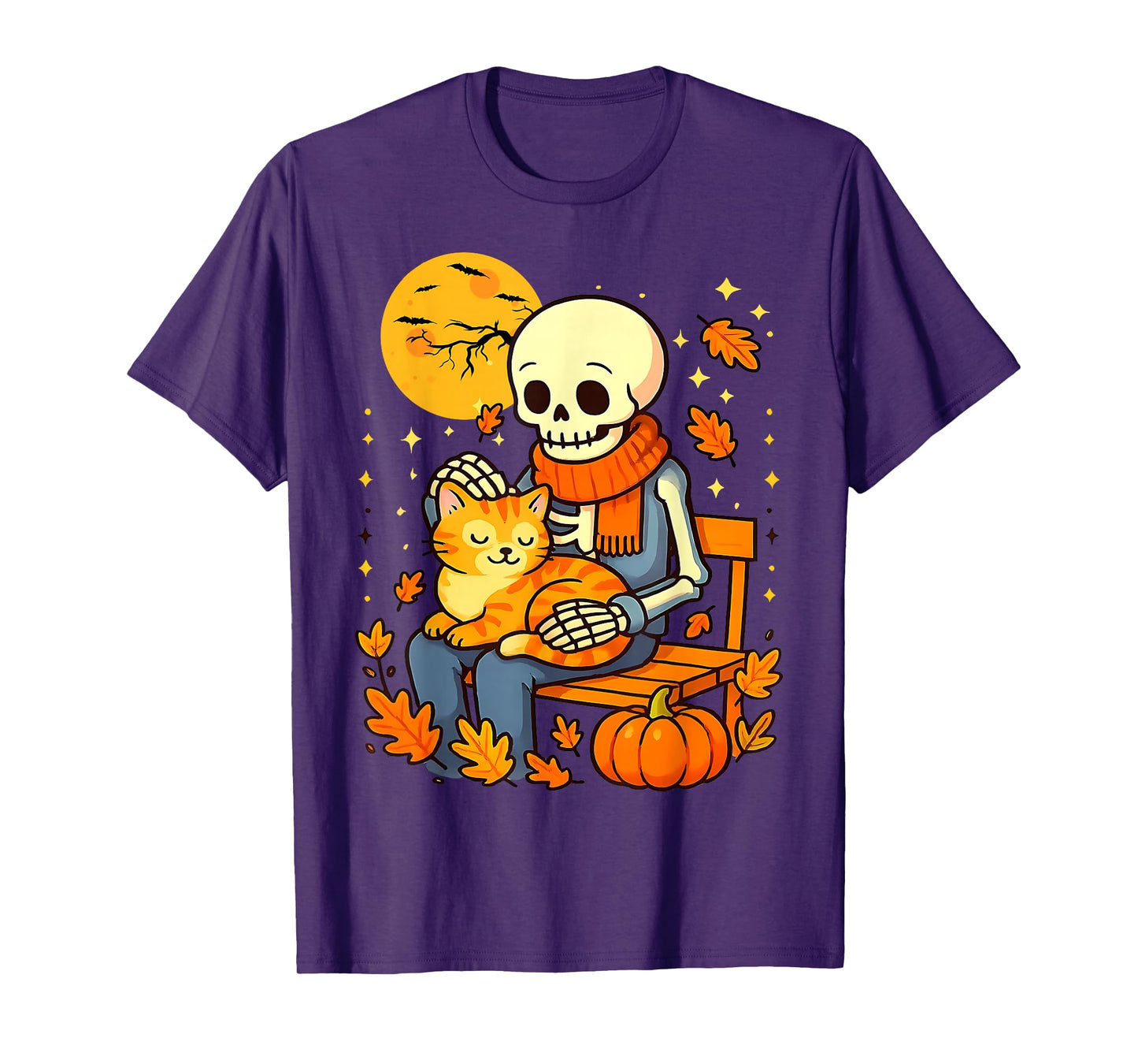 Skeleton Hugging Cat Floral Autumn Halloween Cats Lover T-Shirt