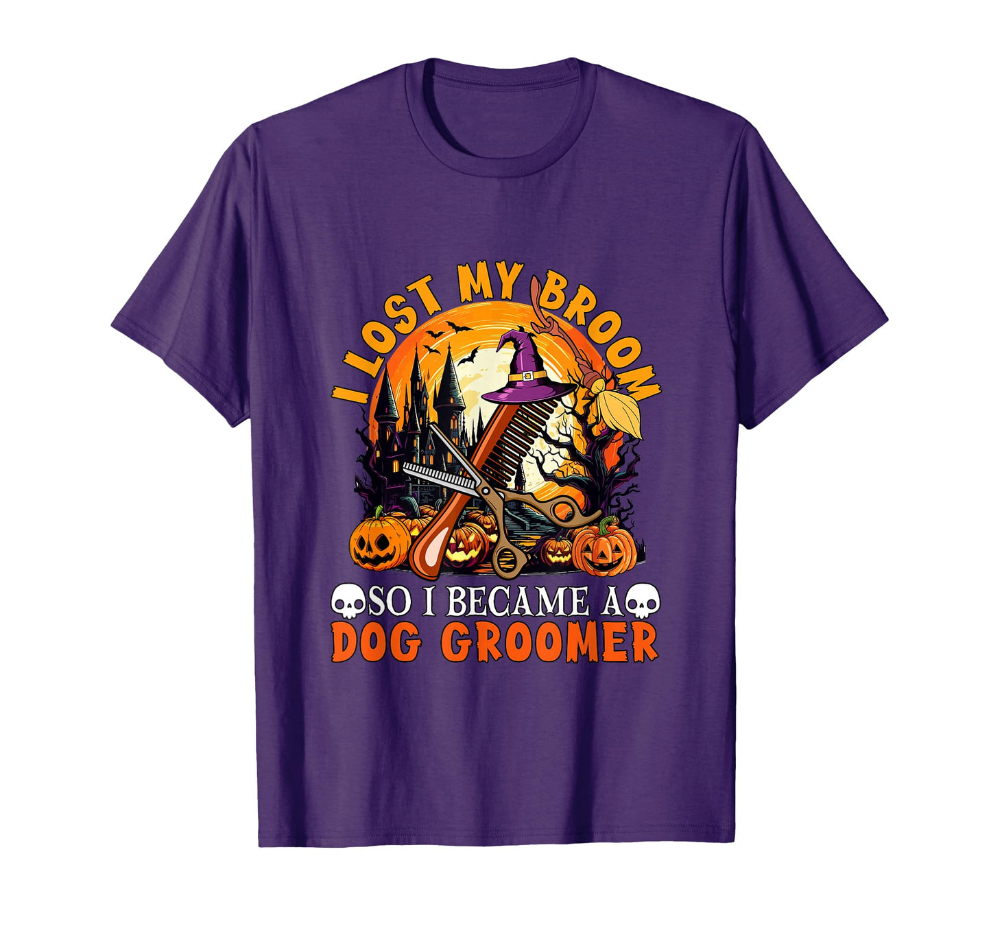 Lost Broom So I Became A Dog Groomer Halloween Witch Lover T-Shirt