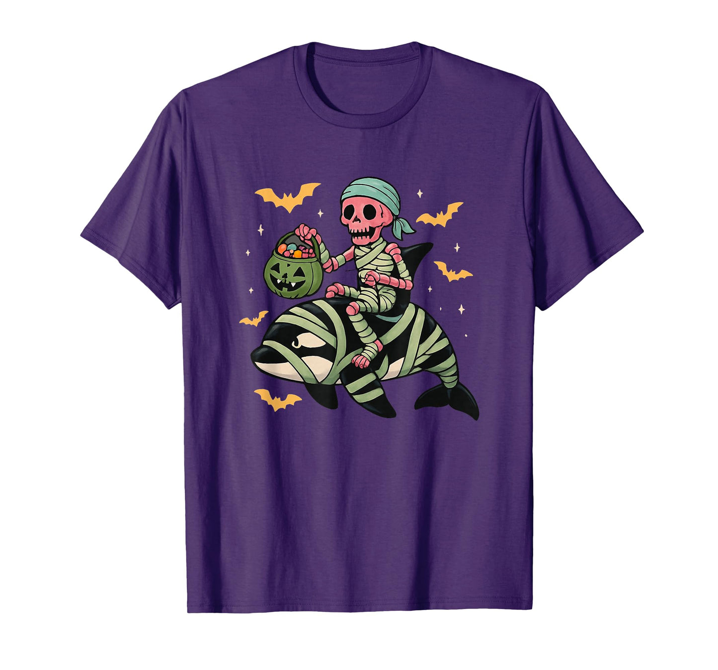 Skeleton Riding Mummy Orca Halloween Candy Whale T-Shirt