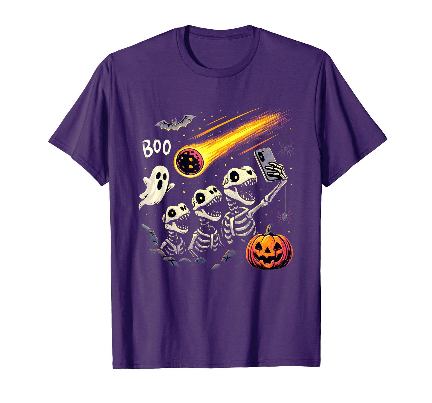 Skeleton Dinosaur T Rex Selfie Boo Pumpkin Halloween T-Shirt