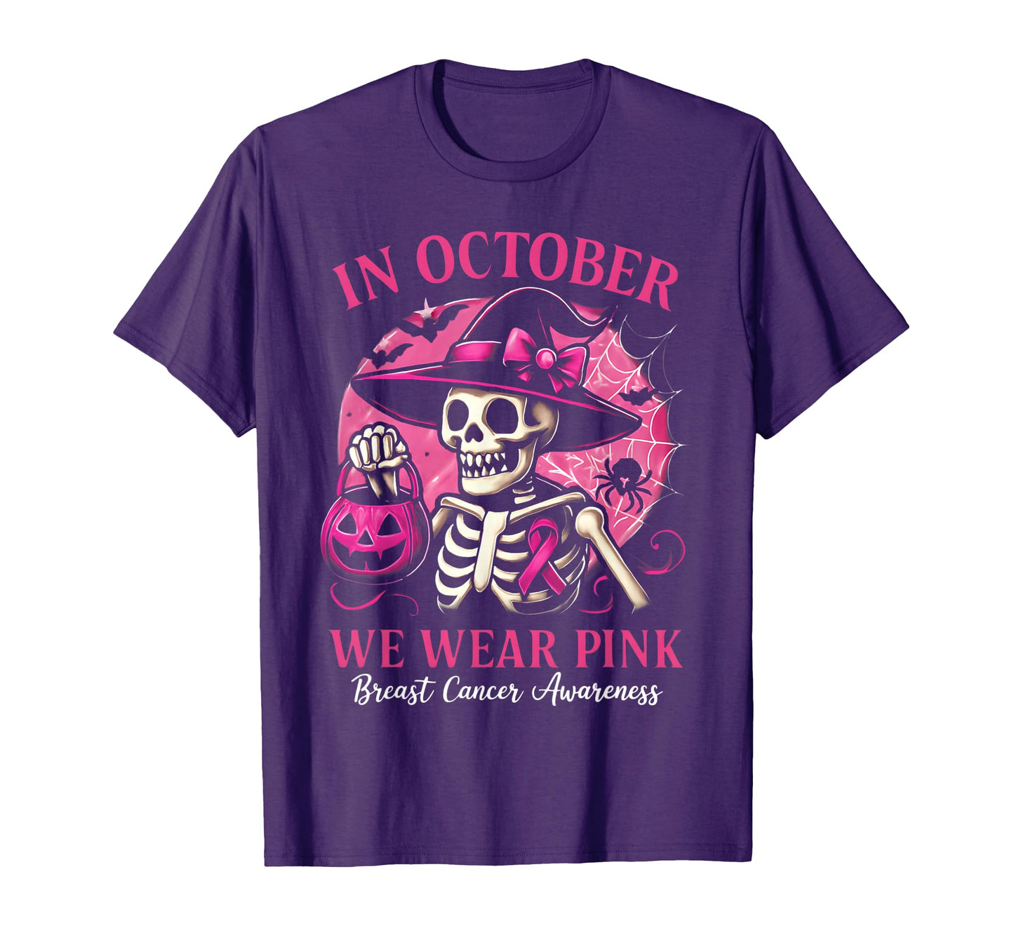 Halloween Skeleton in October We Wear Pink Breast Cancer T-Shirt