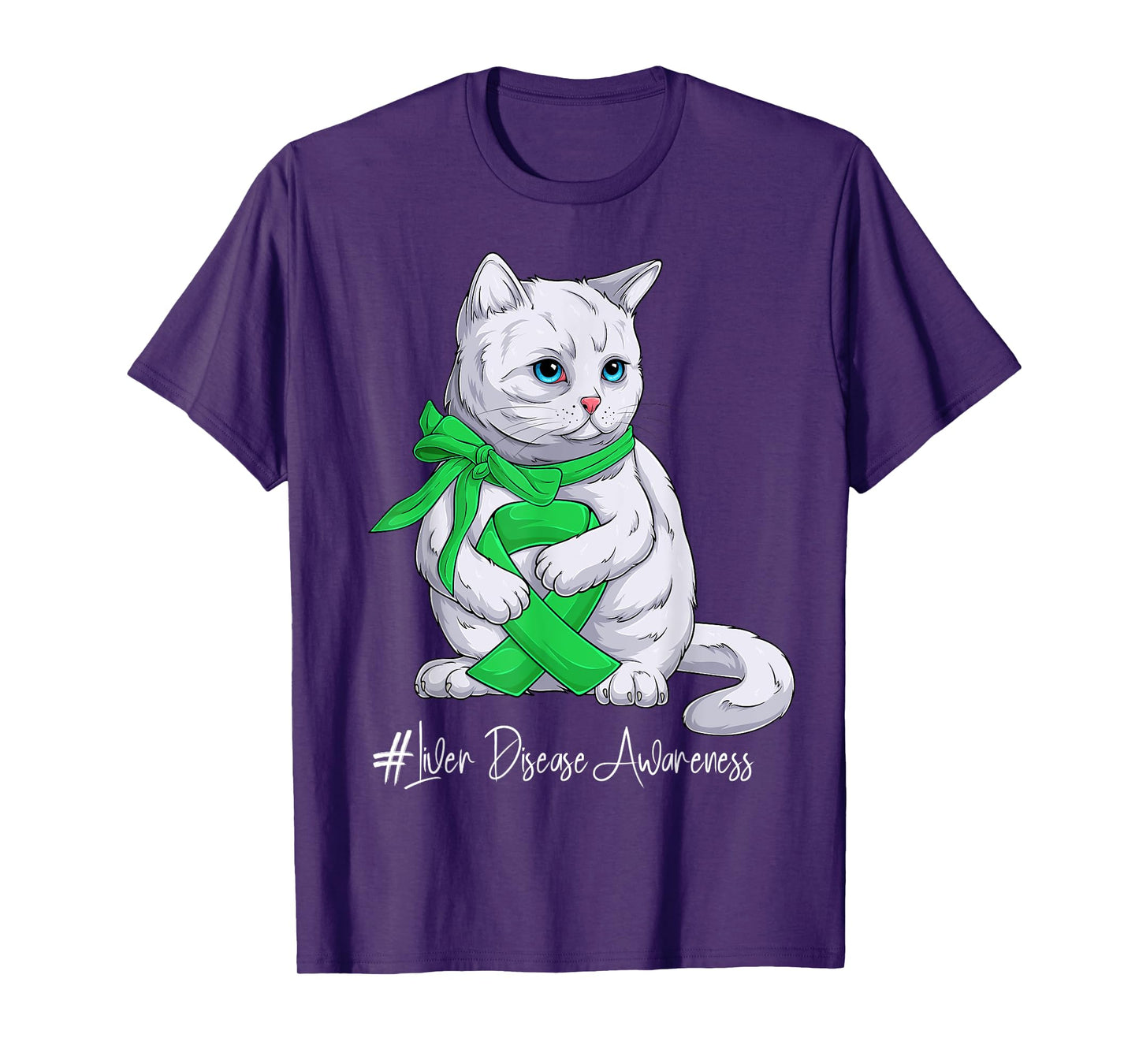 Liver Disease Awareness Month Green Ribbon Cat T-Shirt for Men Women Kids