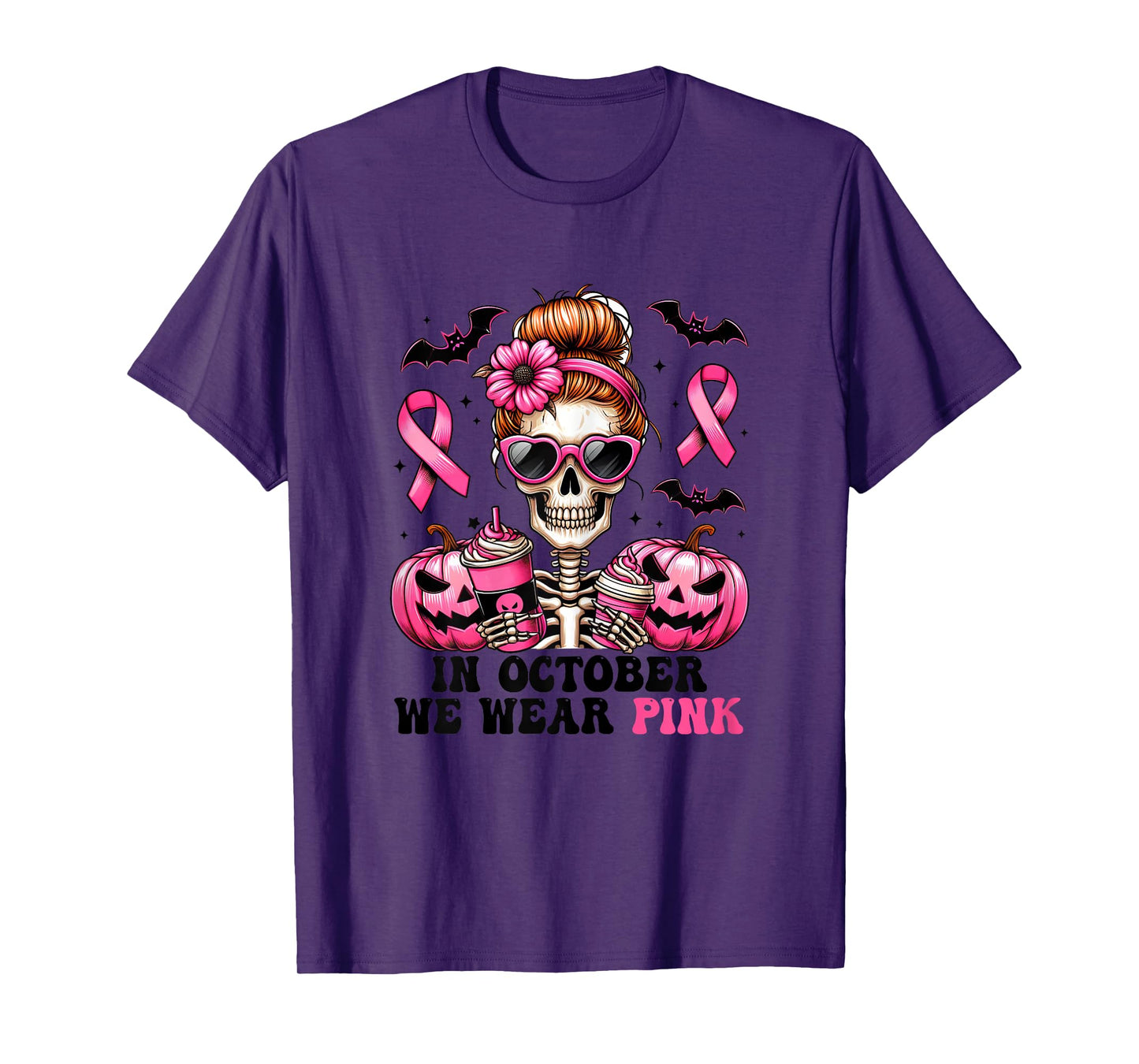 In October We Wear Pink Breast Cancer Skeleton Halloween T-Shirt