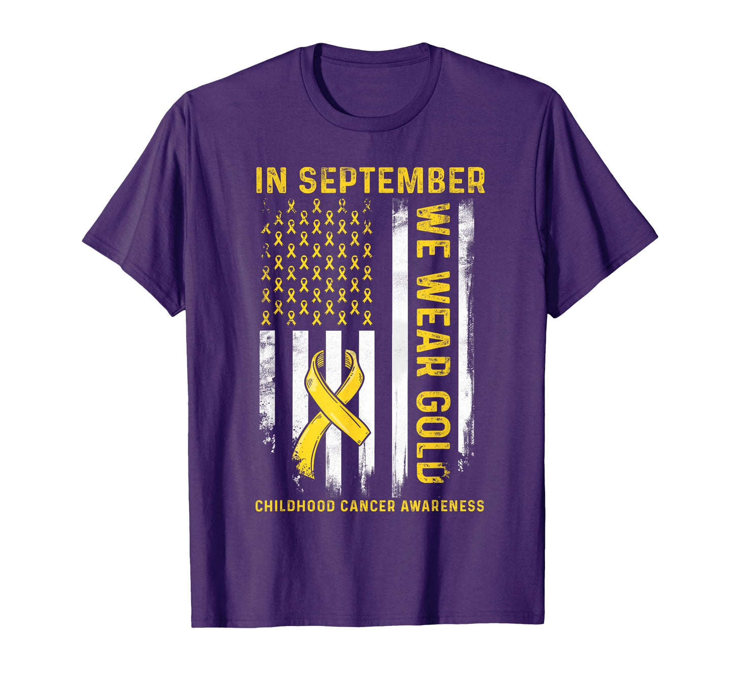in September We Wear Gold Us Flag Childhood Cancer Awareness T-Shirt