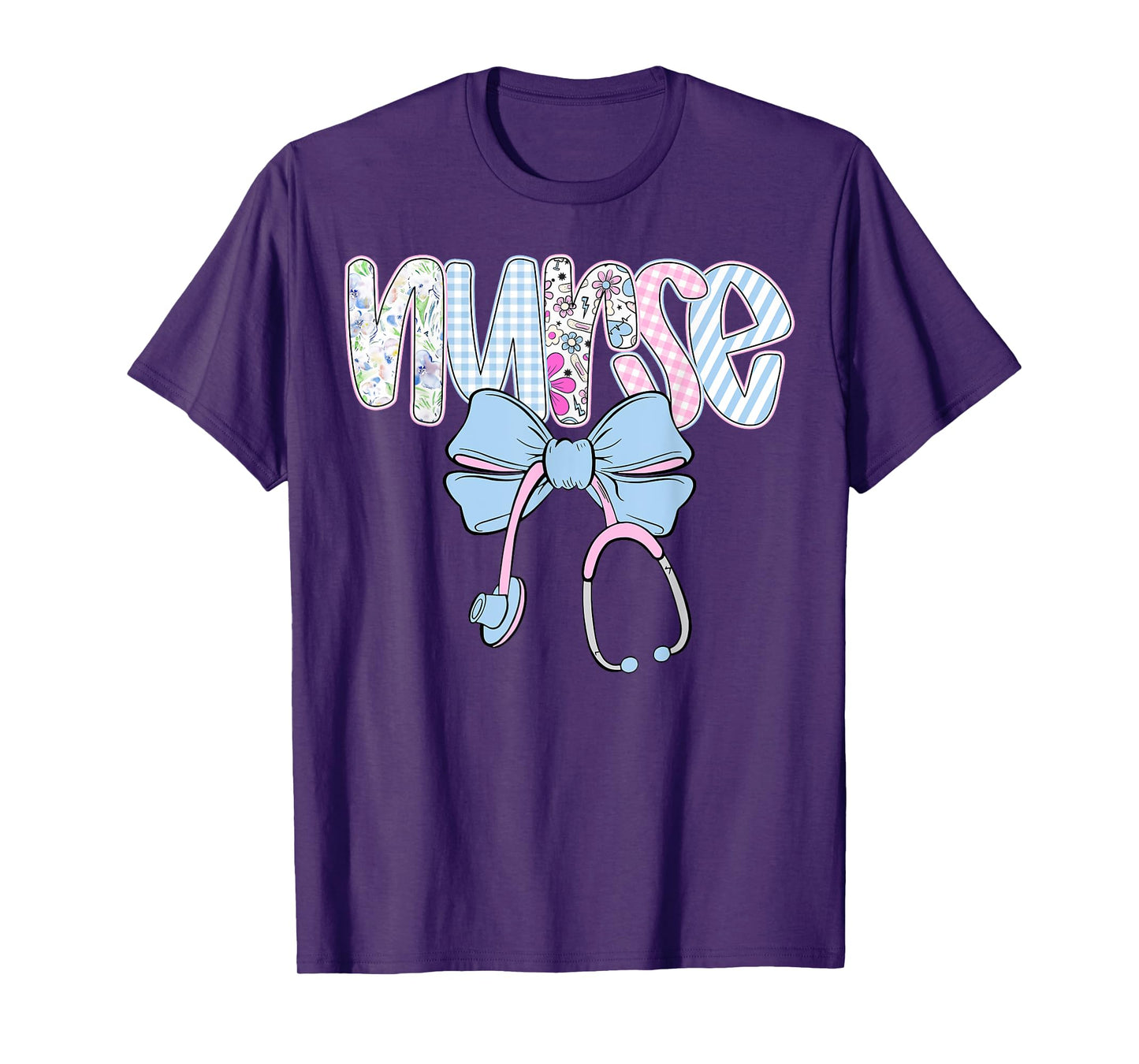 Nurse Floral Blue Coquette Bow Nurse Stethoscope RN CNA ER T-Shirt