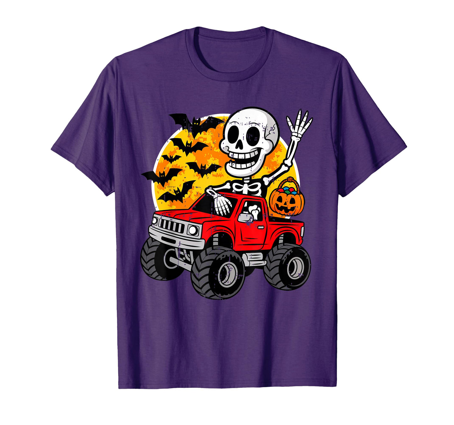 Skeleton Monster Truck Moon Pumpkin Halloween for Boys Kids T-Shirt