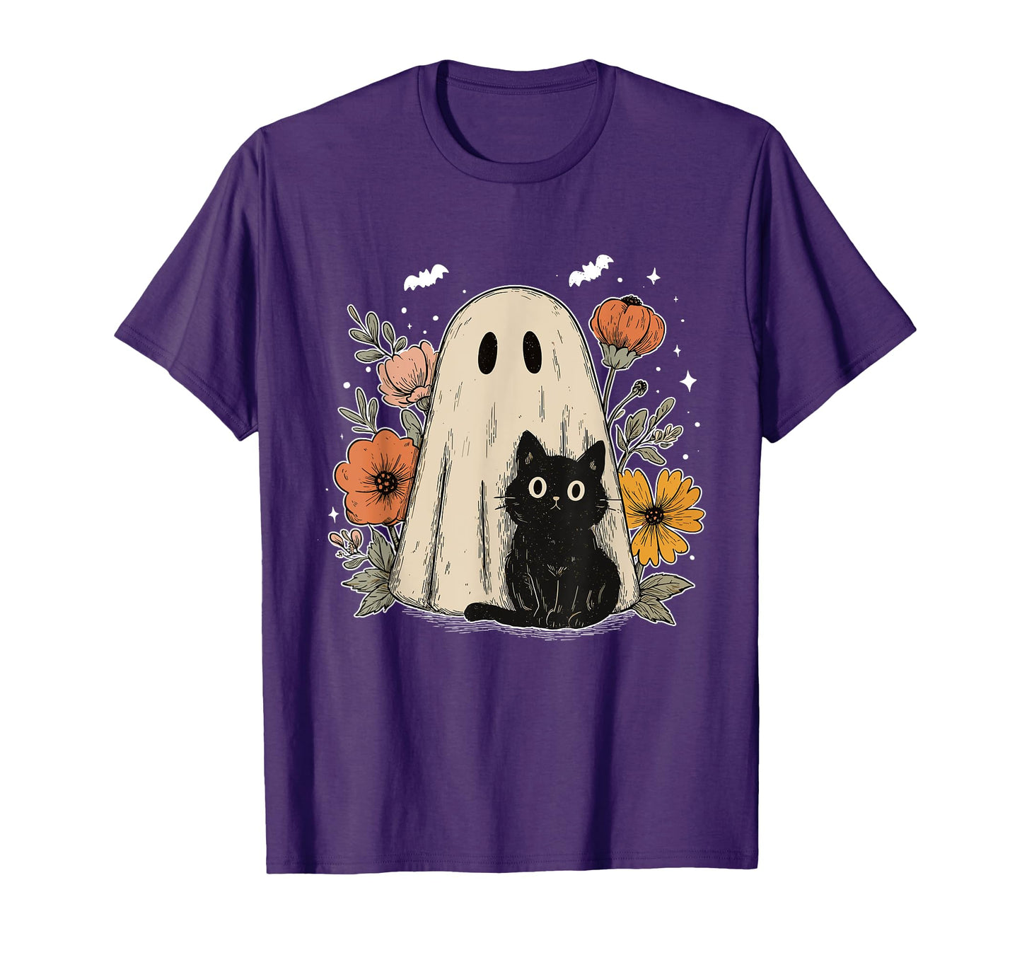 Spooky Vibes Floral Black Cat Ghost Halloween Pumpkin Spooky T-Shirt