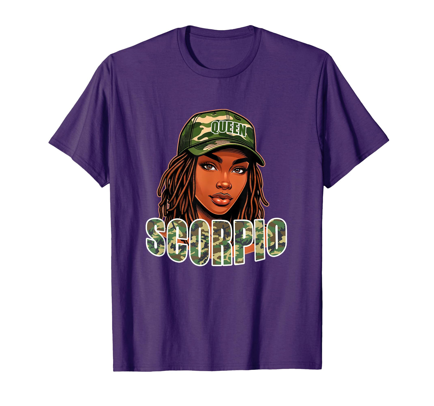 Scorpio Queen Black Woman Camo Hat Locs Birthday T-Shirt