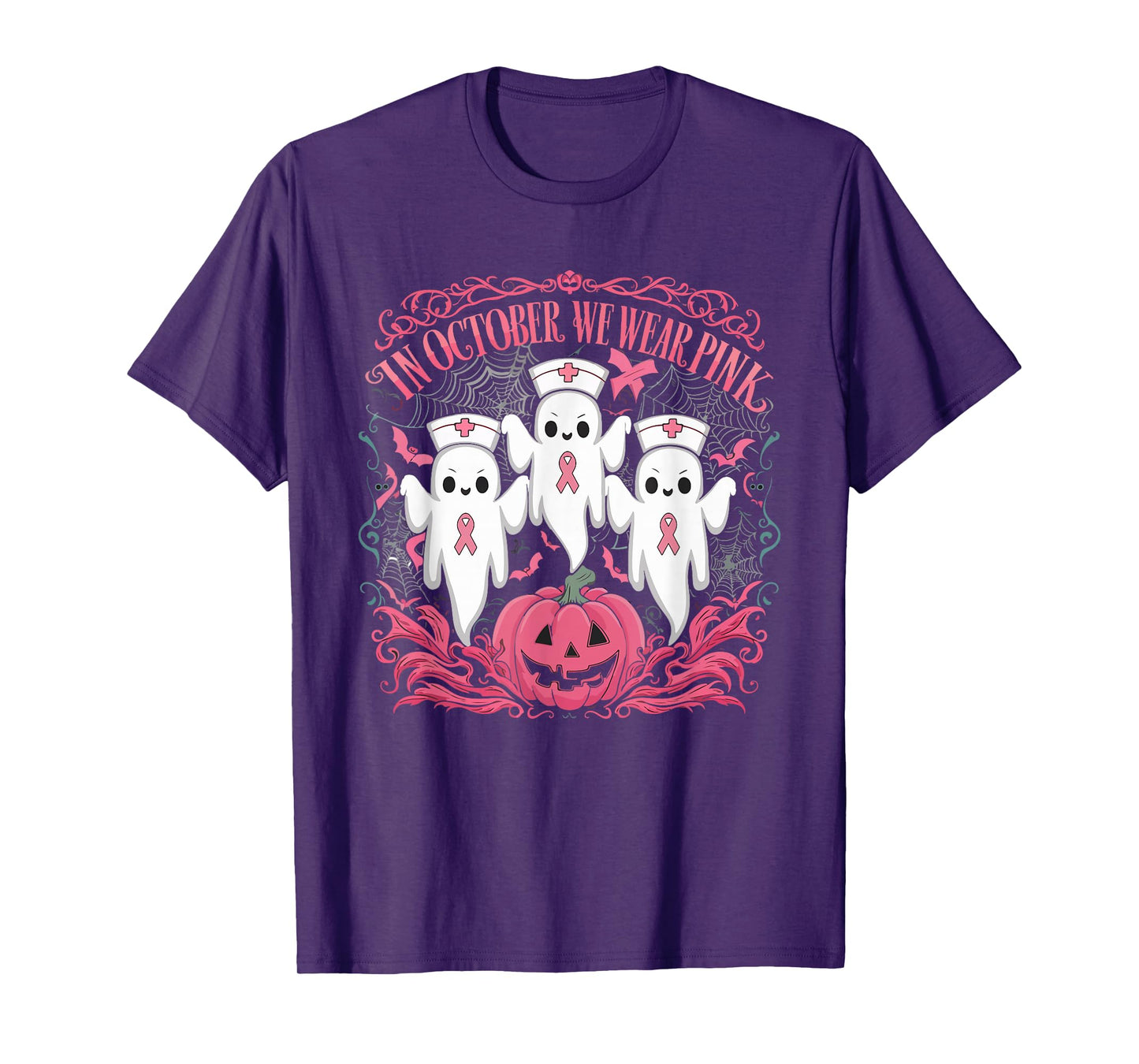 In October We Wear Pink Ribbon Nurse Ghost Halloween T-Shirt