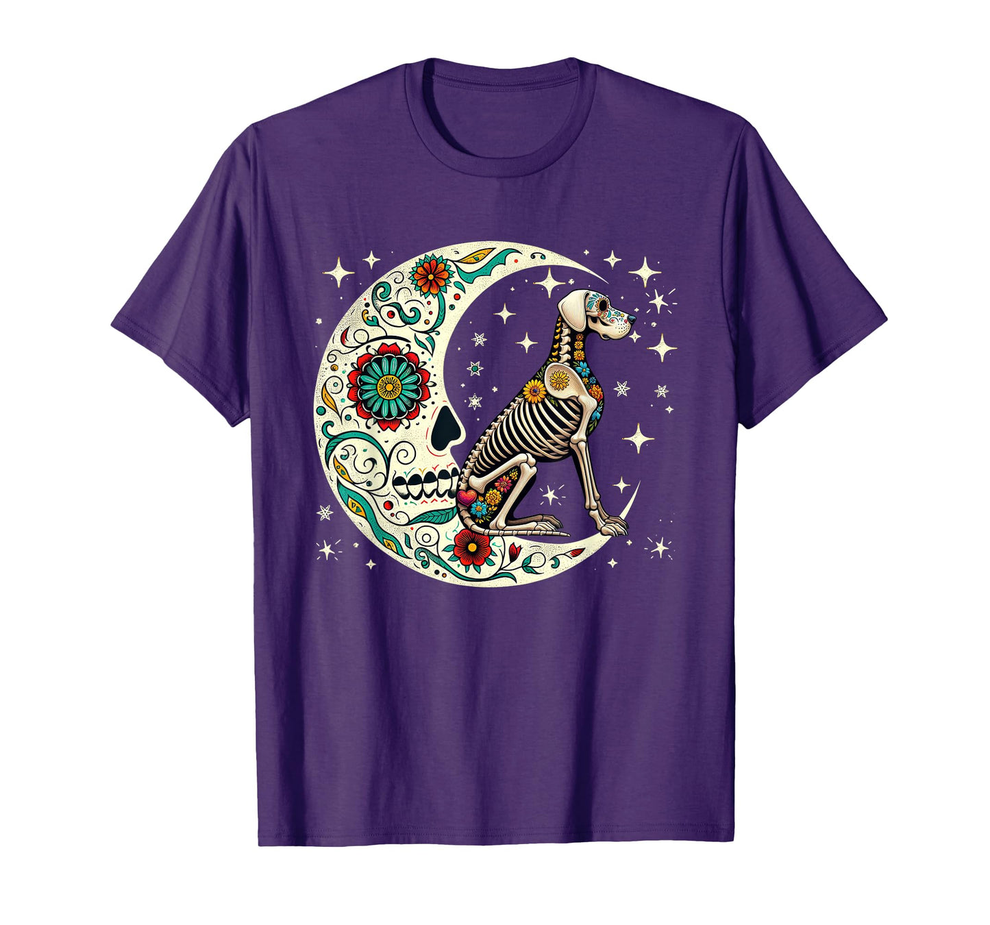 Dia De Los Muertos Halloween Moon Floral Skeleton Great Dane T-Shirt