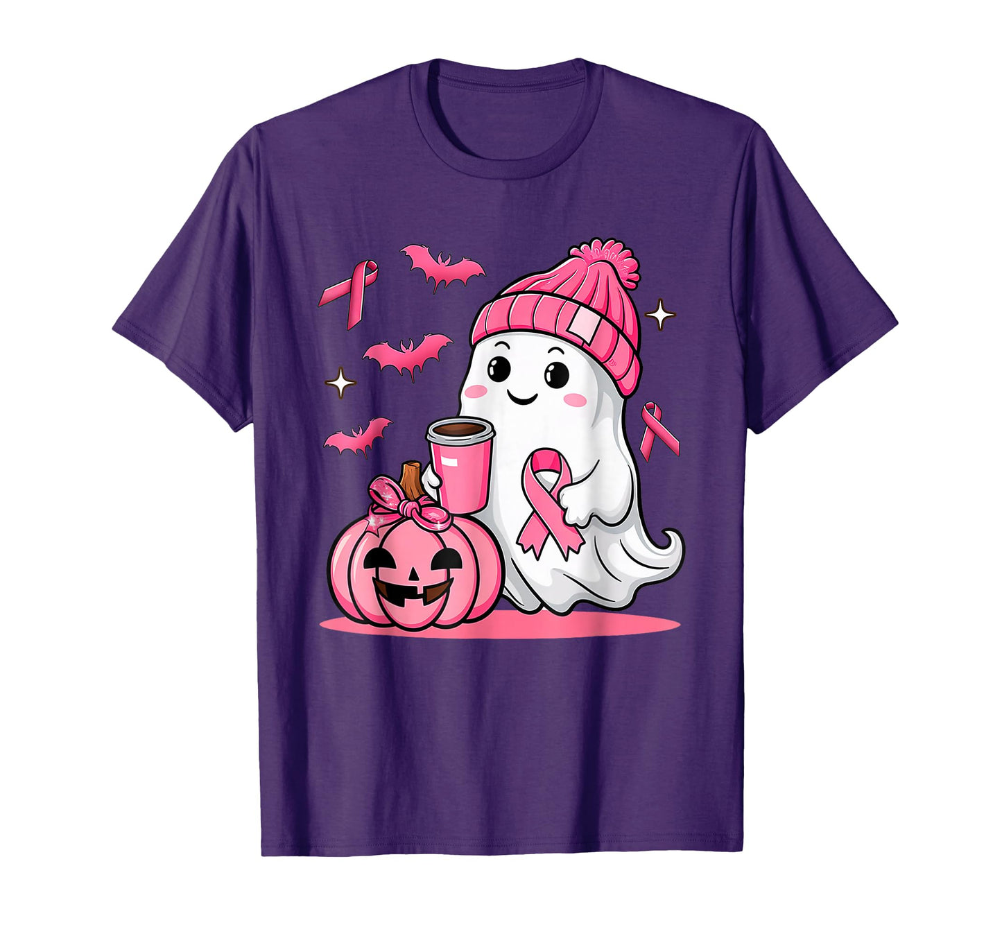 Cute Ghost Drinking Coffee Halloween Breast Cancer Awareness T-Shirt